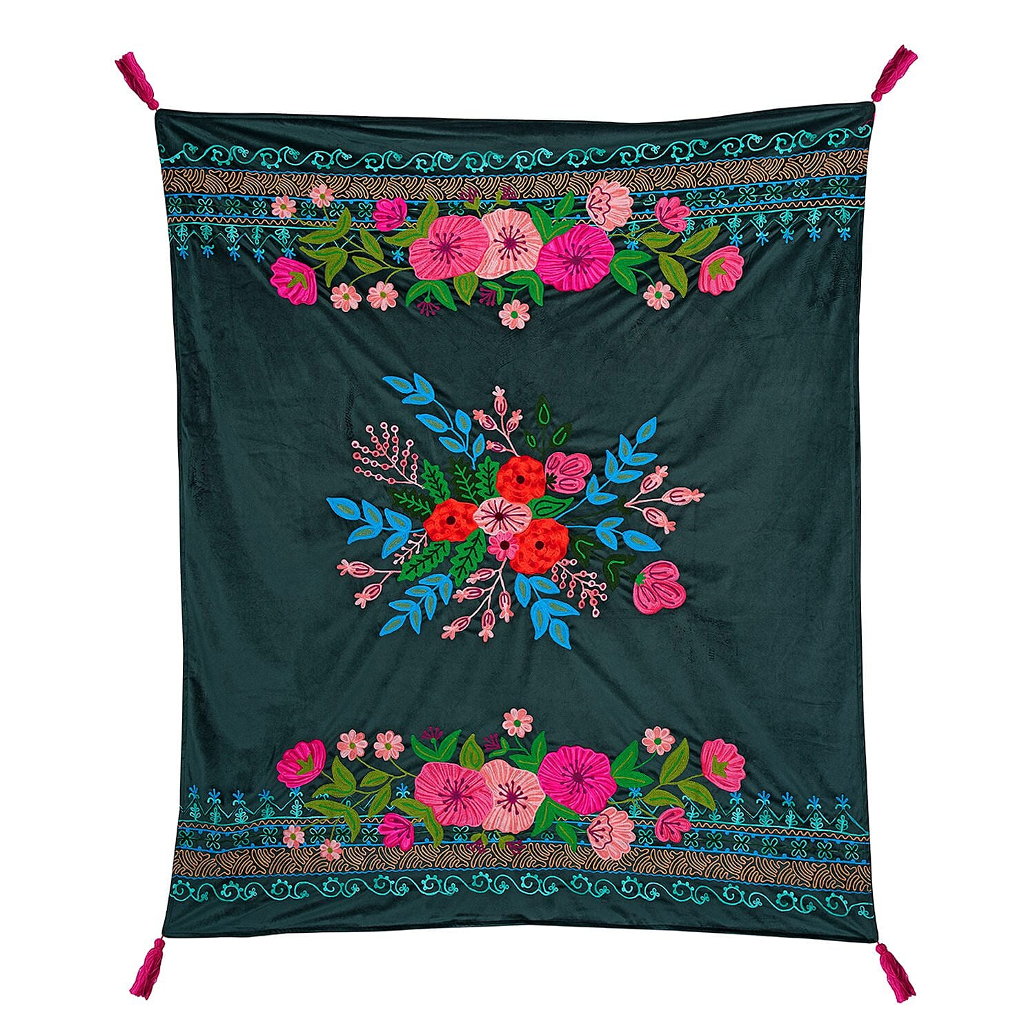 Velvet Embroidered Throw Blanket with Tassels (Size 125x150 Cm) - Green & Multi