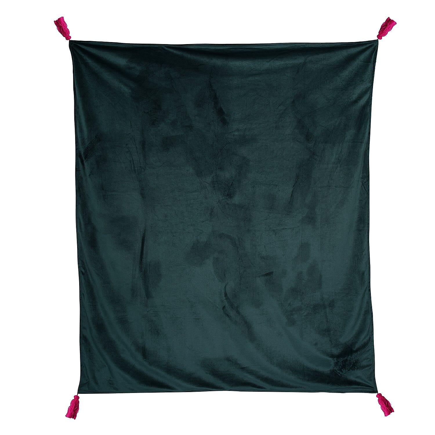 Velvet Embroidered Throw Blanket with Tassels (Size 125x150 Cm) - Green & Multi