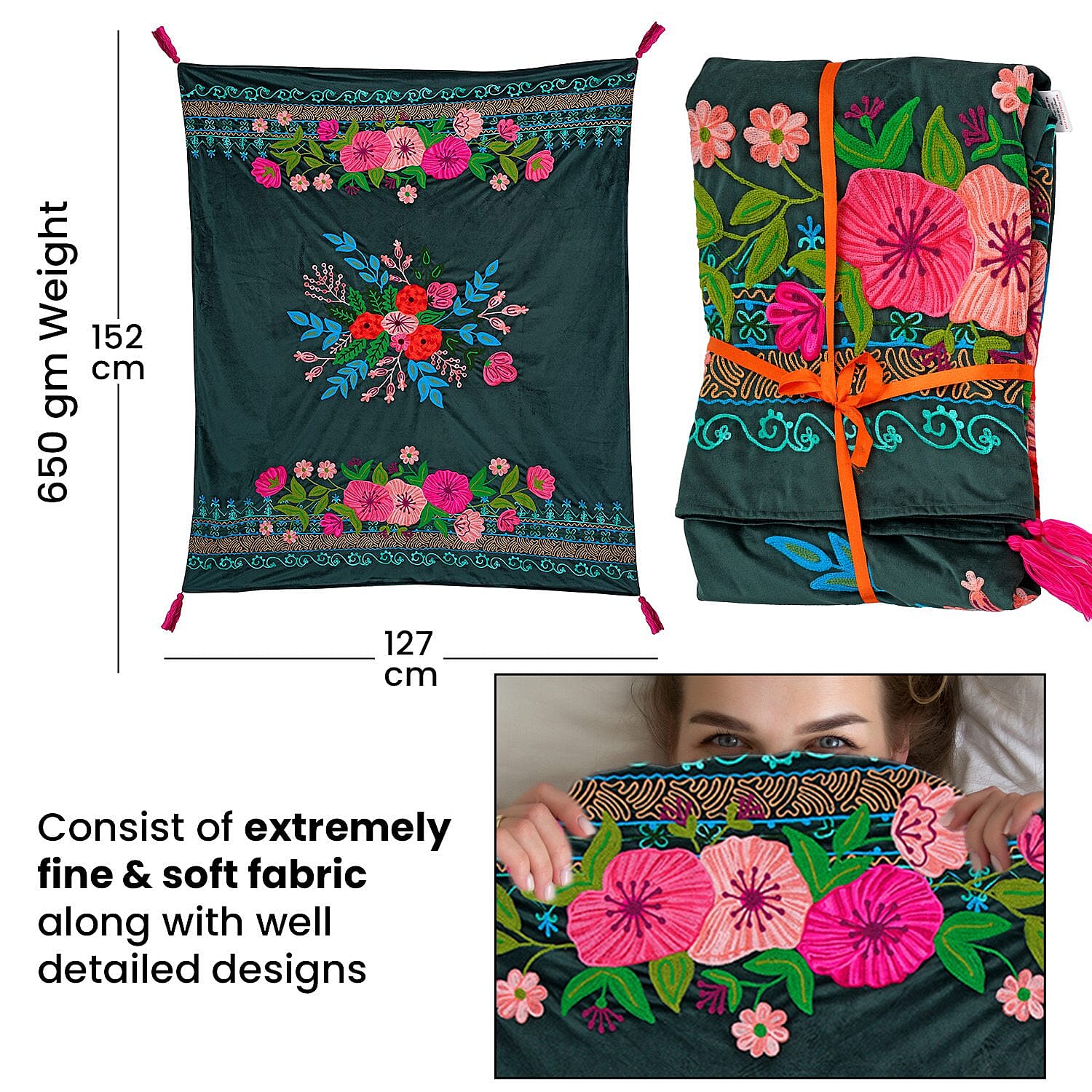 Velvet Embroidered Throw Blanket with Tassels (Size 125x150 Cm) - Green & Multi