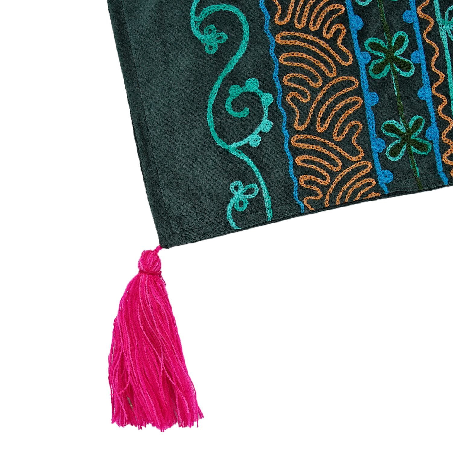 Velvet Embroidered Throw Blanket with Tassels (Size 125x150 Cm) - Green & Multi