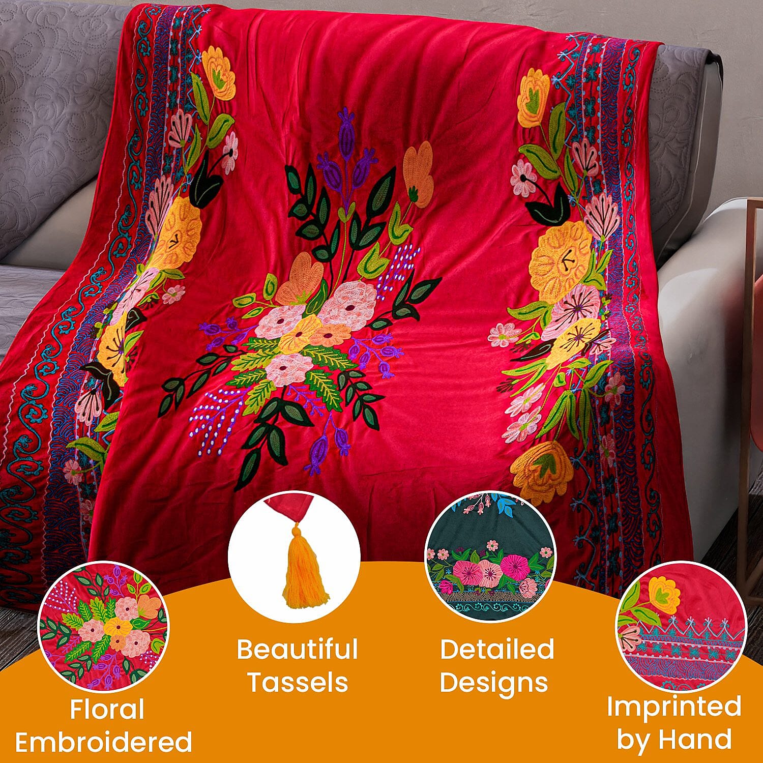 Velvet Embroidered Throw Blanket with Tassels (Size 125x150 Cm) - Red & Multi