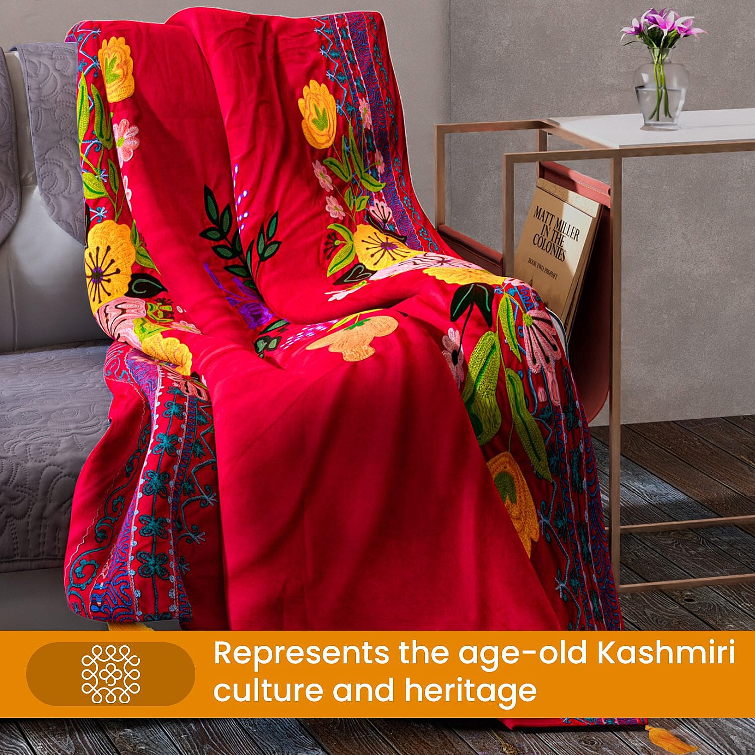 Velvet Embroidered Throw Blanket with Tassels (Size 125x150 Cm) - Red & Multi