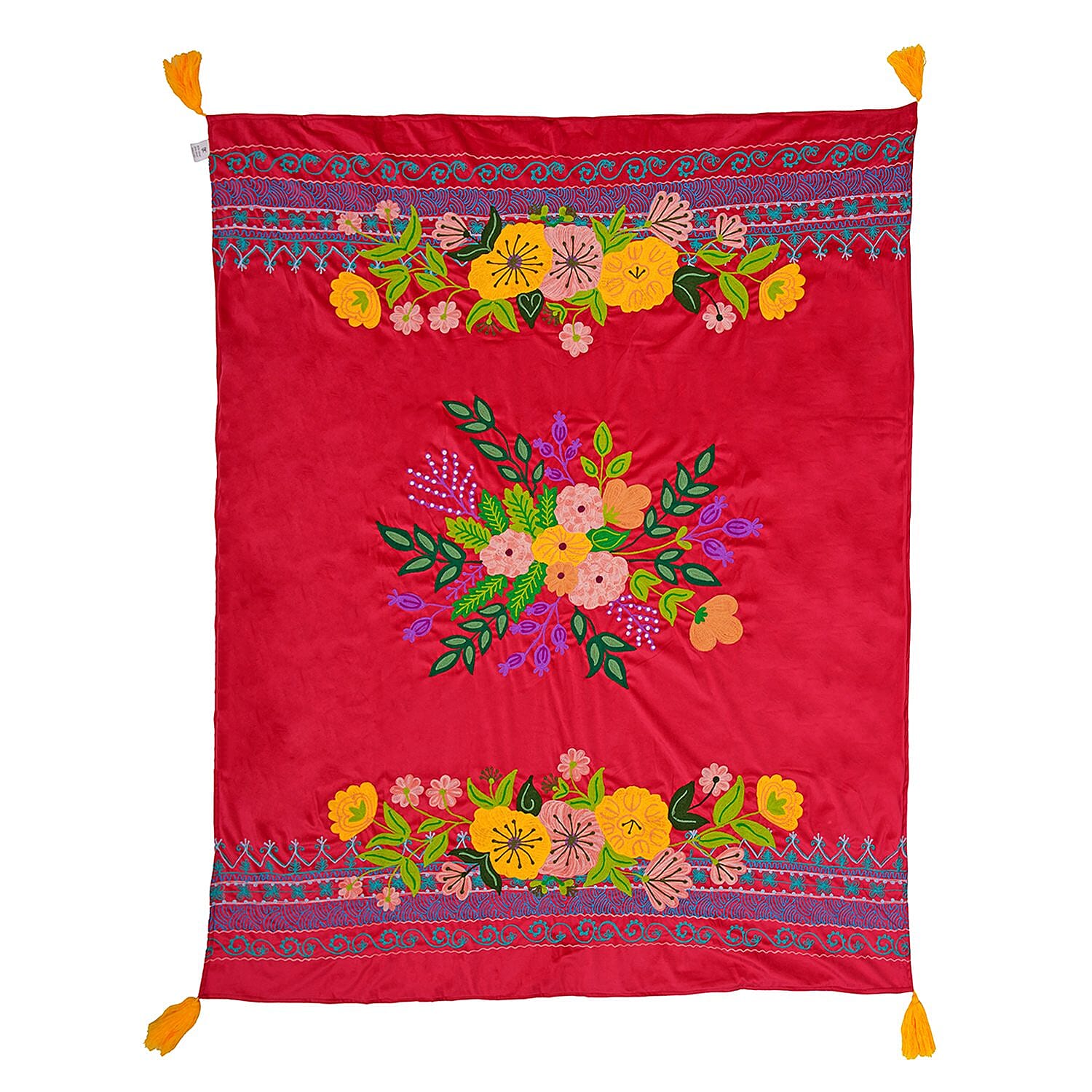 Velvet Embroidered Throw Blanket with Tassels (Size 125x150 Cm) - Red & Multi