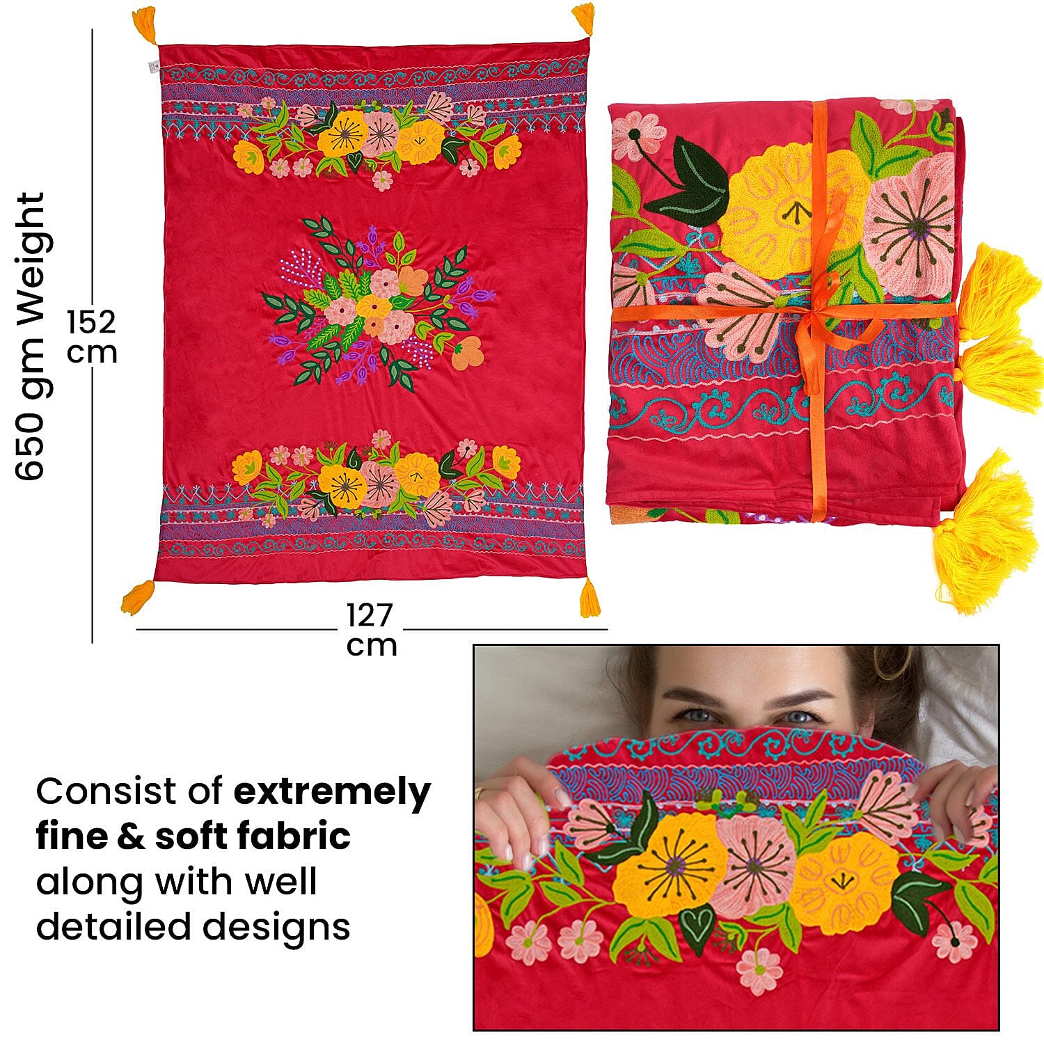 Velvet Embroidered Throw Blanket with Tassels (Size 125x150 Cm) - Red & Multi