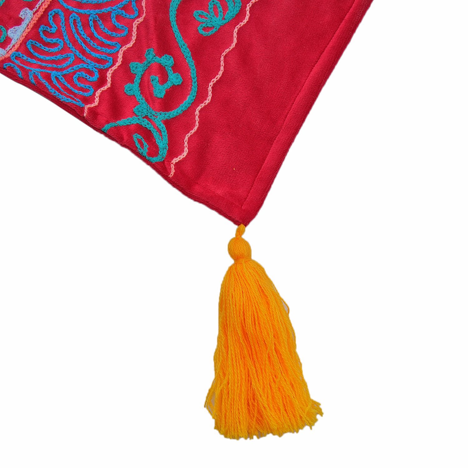 Velvet Embroidered Throw Blanket with Tassels (Size 125x150 Cm) - Red & Multi