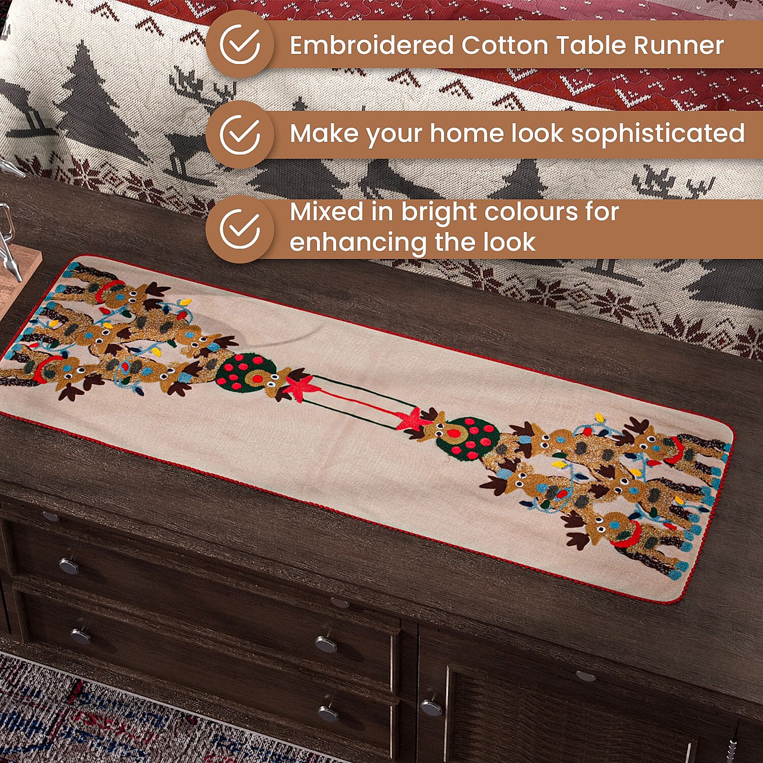 Reindeer Embroidered Cotton Table Runner (Size 91x35 Cm) - Beige & Red