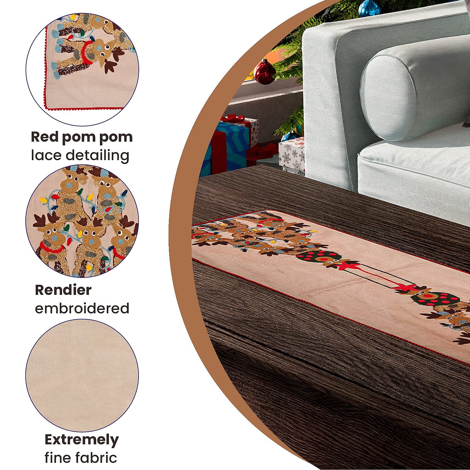 Reindeer Embroidered Cotton Table Runner (Size 91x35 Cm) - Beige & Red