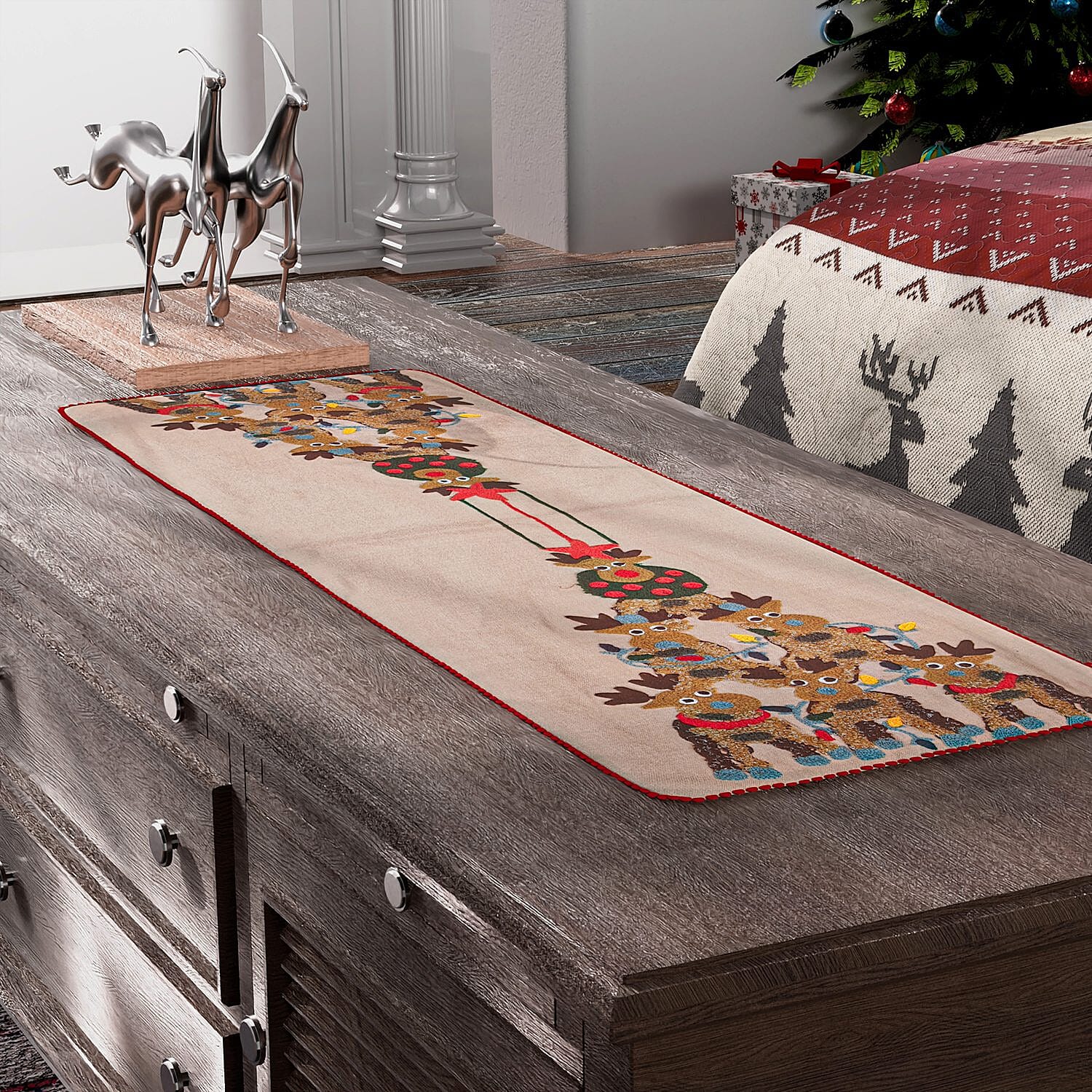 Reindeer Embroidered Cotton Table Runner (Size 91x35 Cm) - Beige & Red