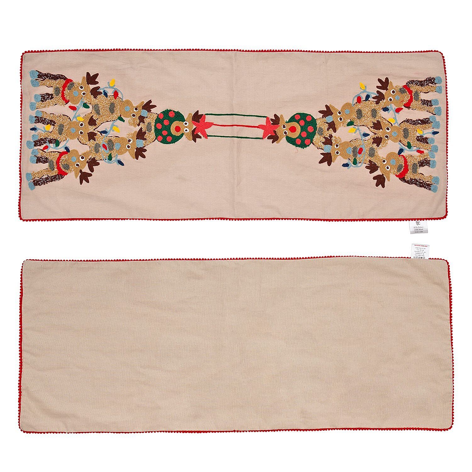 Reindeer Embroidered Cotton Table Runner (Size 91x35 Cm) - Beige & Red