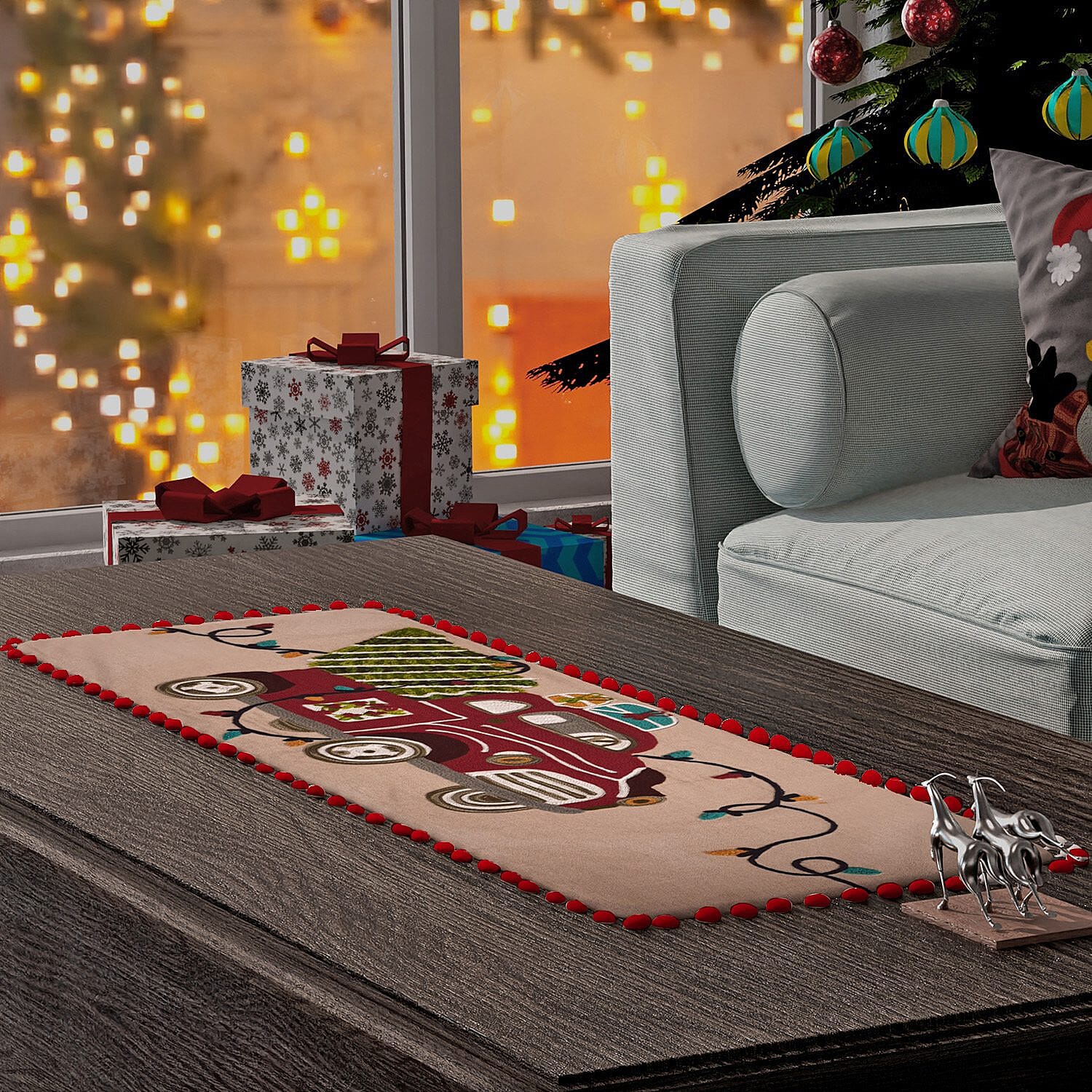Christmas Tree on Car Embroidered Cotton Table Runner (Size 91x35 Cm) - Beige & Multi