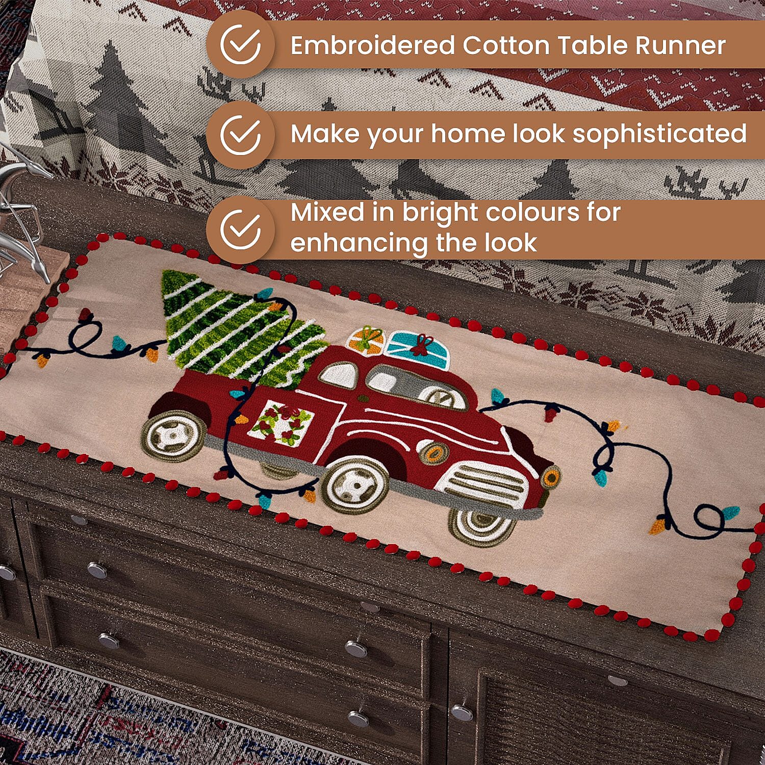 Christmas Tree on Car Embroidered Cotton Table Runner (Size 91x35 Cm) - Beige & Multi