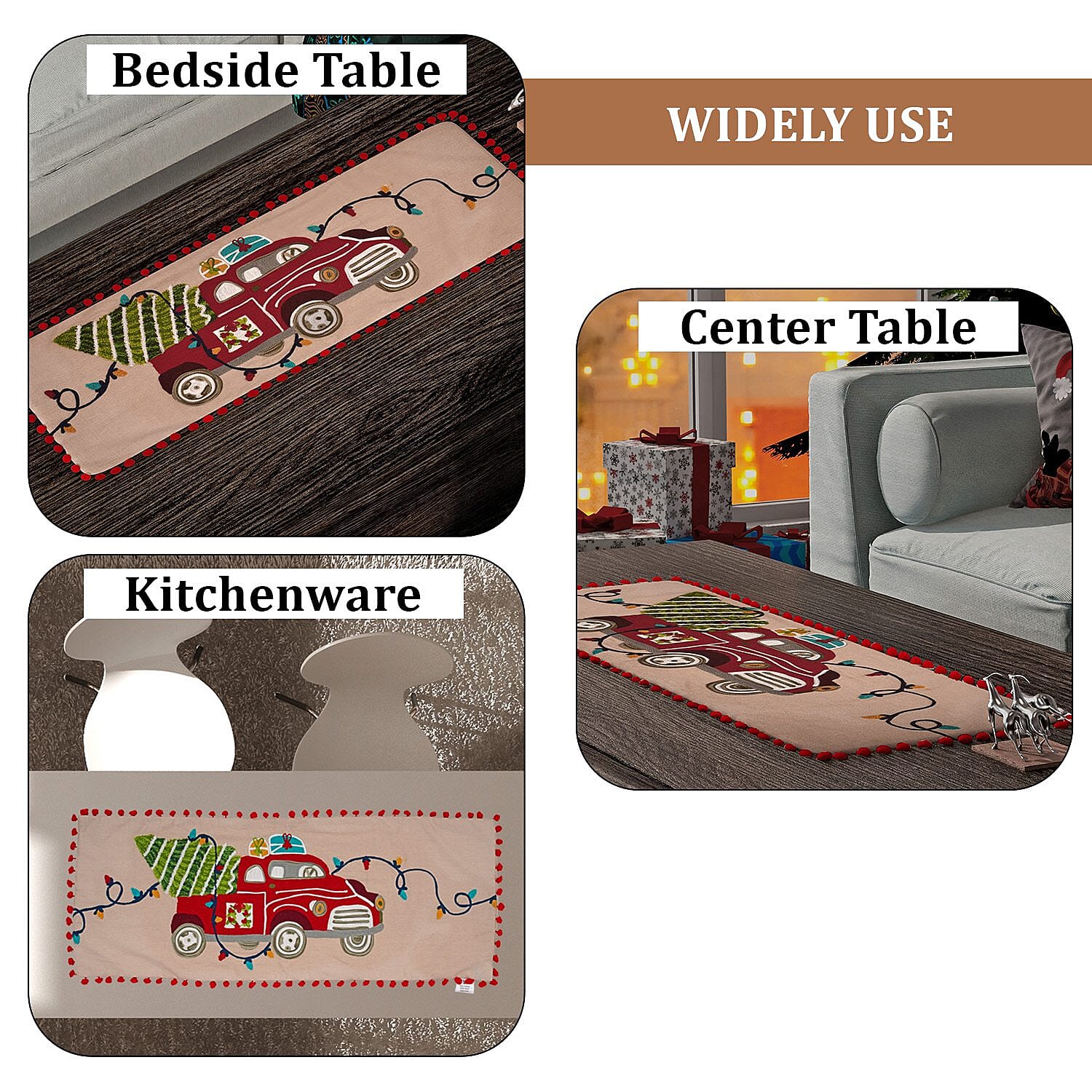 Christmas Tree on Car Embroidered Cotton Table Runner (Size 91x35 Cm) - Beige & Multi