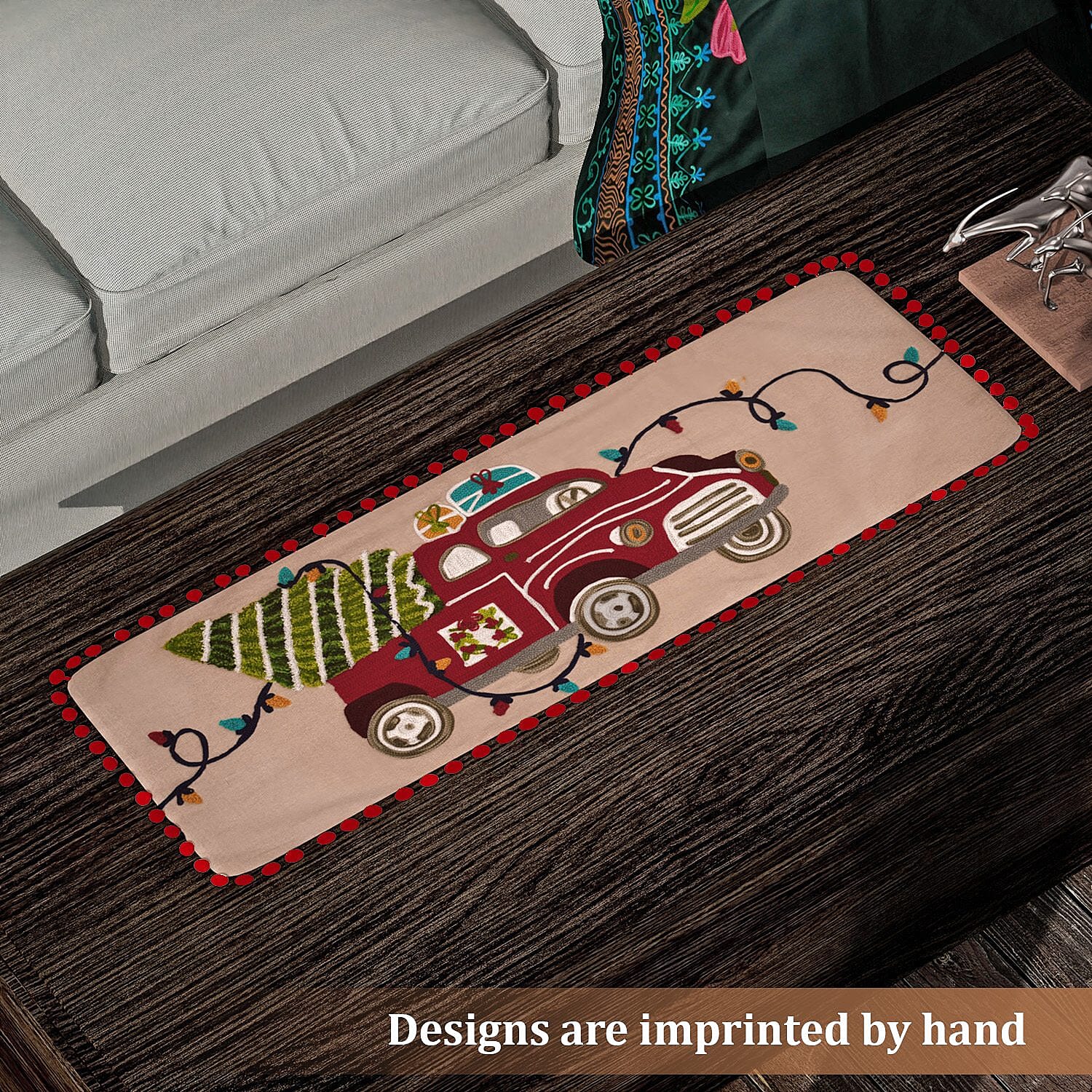 Christmas Tree on Car Embroidered Cotton Table Runner (Size 91x35 Cm) - Beige & Multi