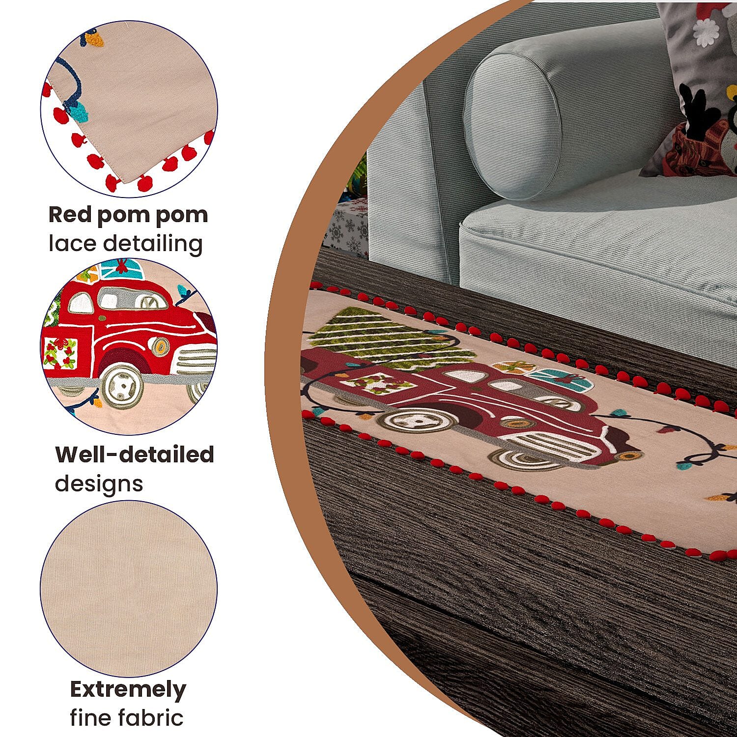 Christmas Tree on Car Embroidered Cotton Table Runner (Size 91x35 Cm) - Beige & Multi