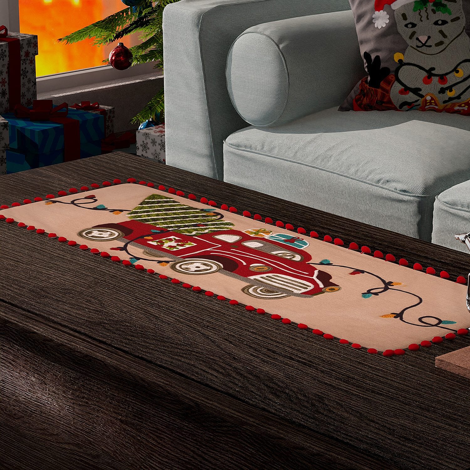 Christmas Tree on Car Embroidered Cotton Table Runner (Size 91x35 Cm) - Beige & Multi