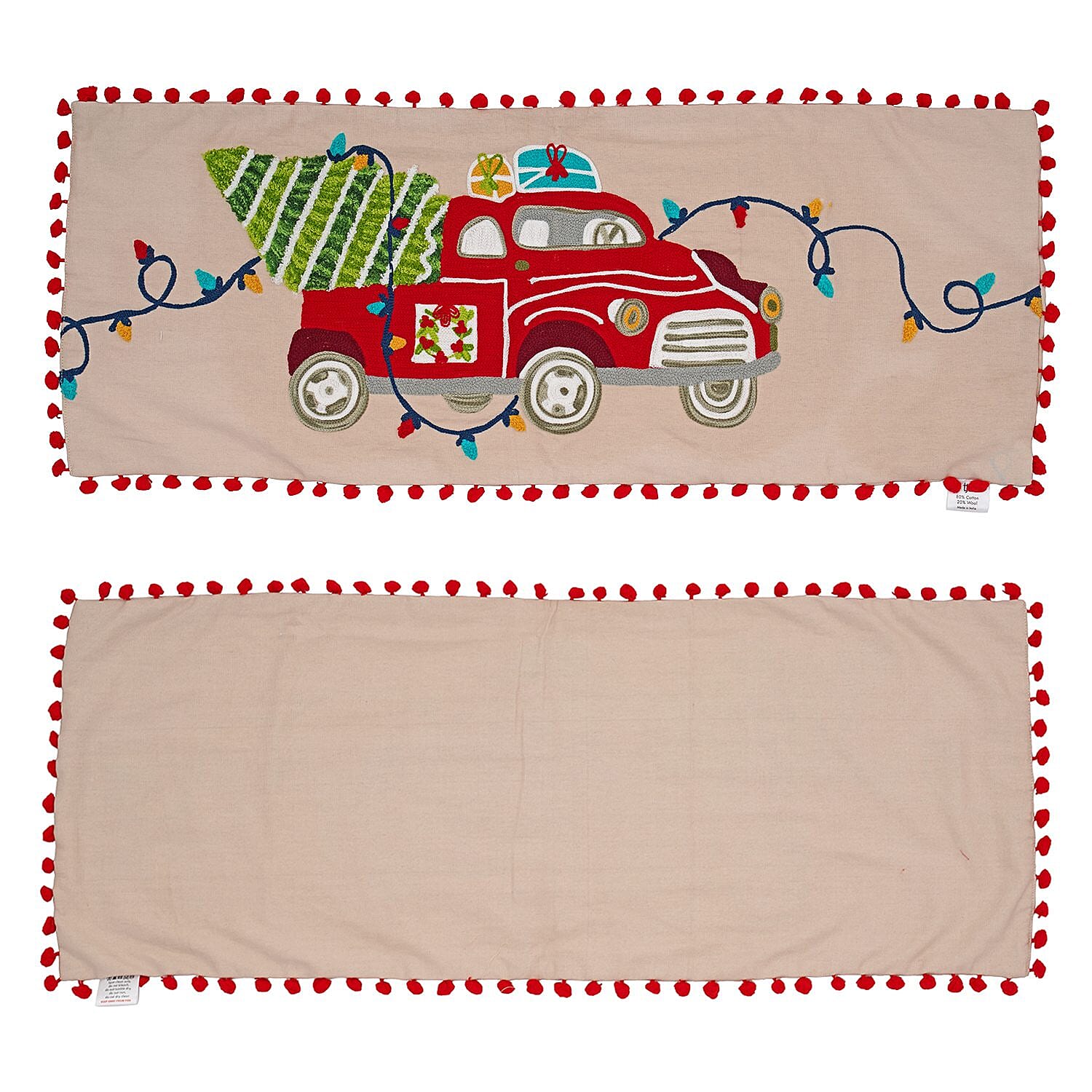 Christmas Tree on Car Embroidered Cotton Table Runner (Size 91x35 Cm) - Beige & Multi