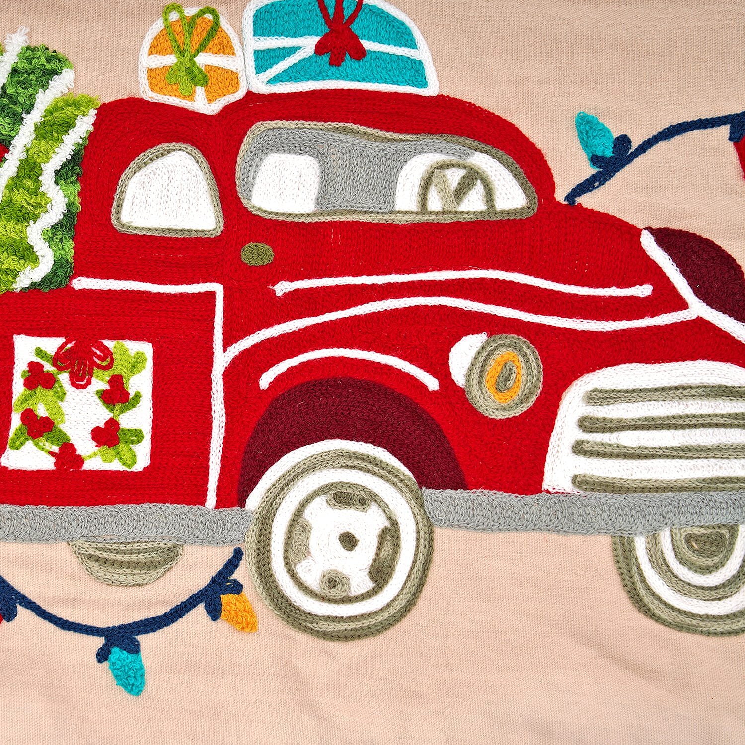 Christmas Tree on Car Embroidered Cotton Table Runner (Size 91x35 Cm) - Beige & Multi