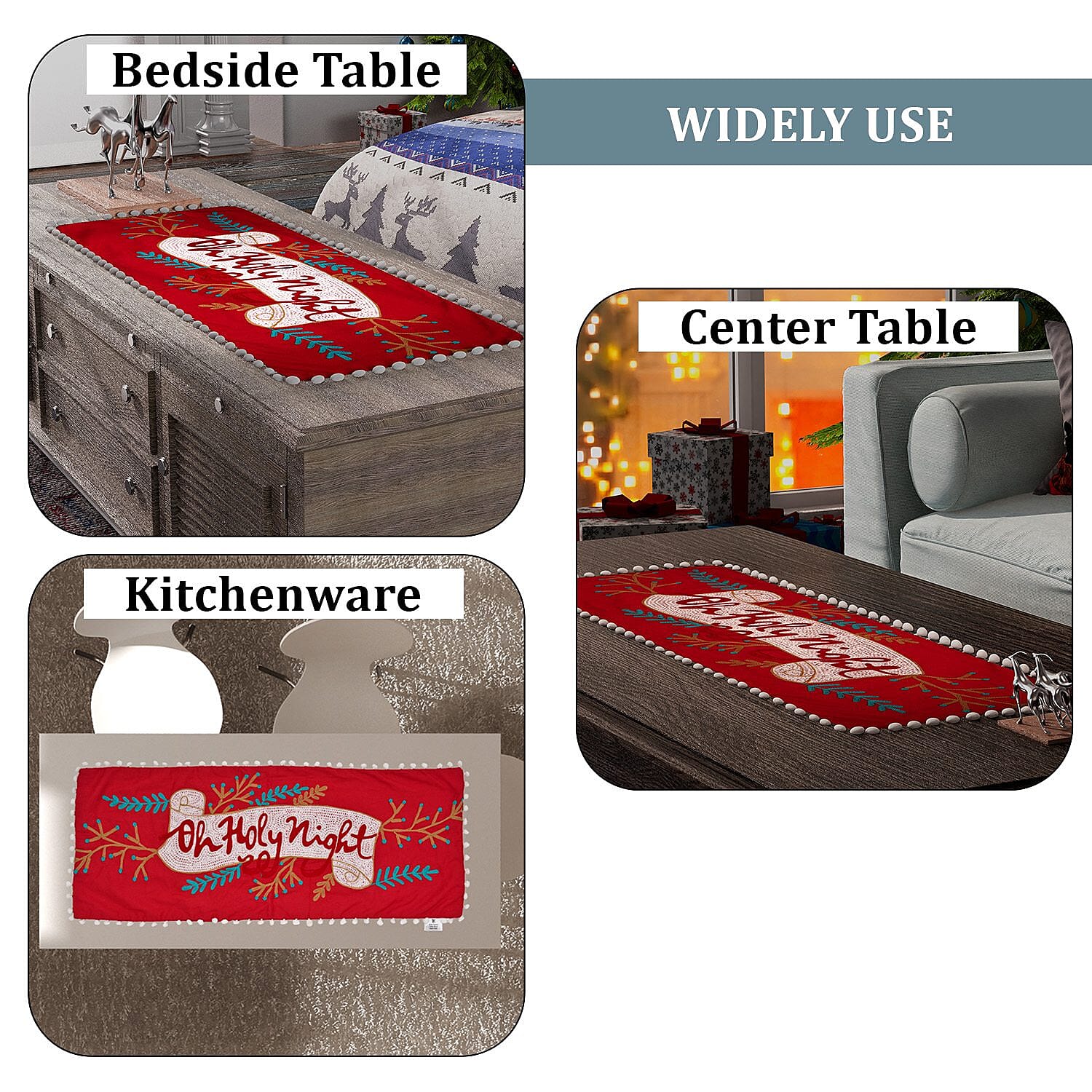 Red Check Embroidered Cotton Table Runner (Size 91x35 Cm) - Red