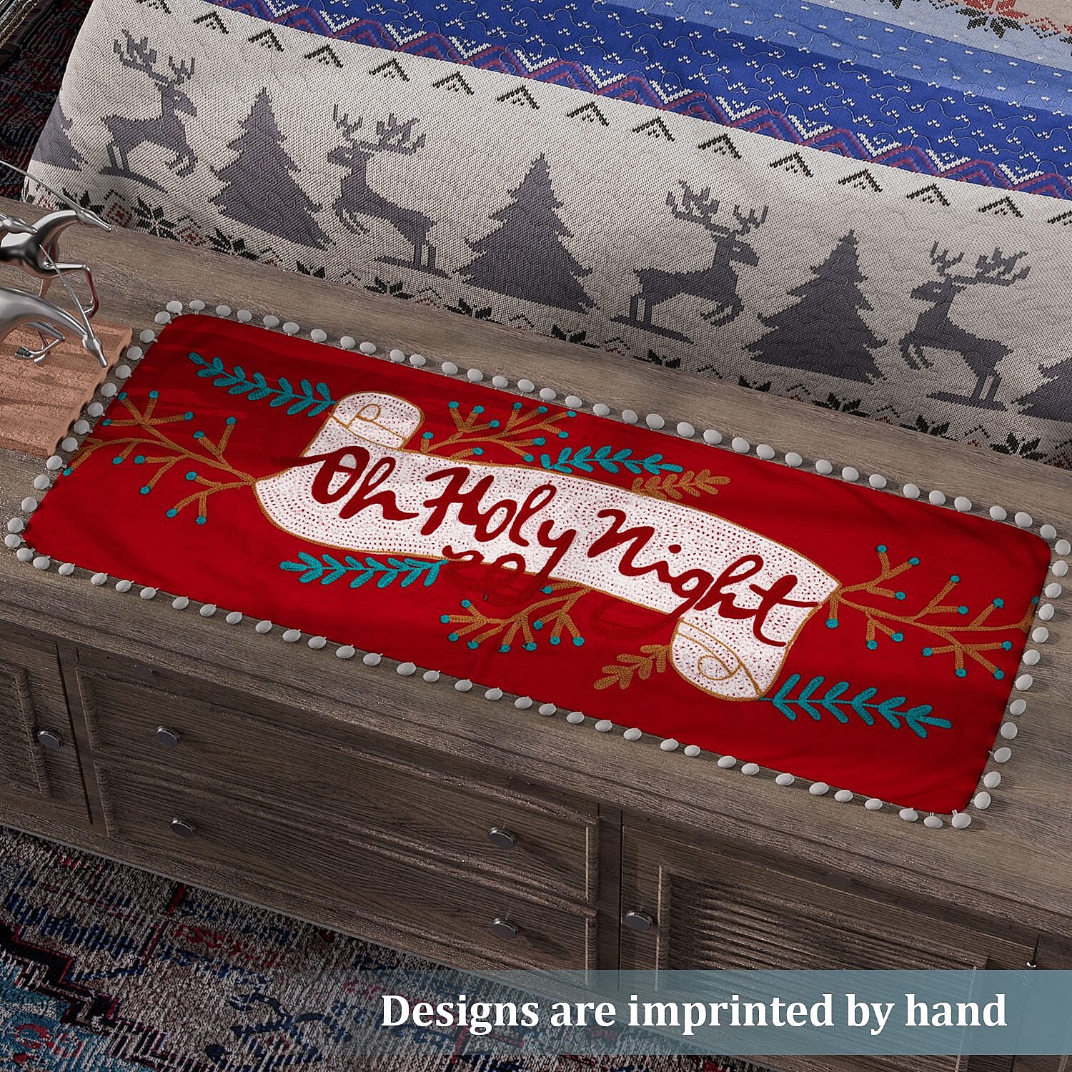 Red Check Embroidered Cotton Table Runner (Size 91x35 Cm) - Red