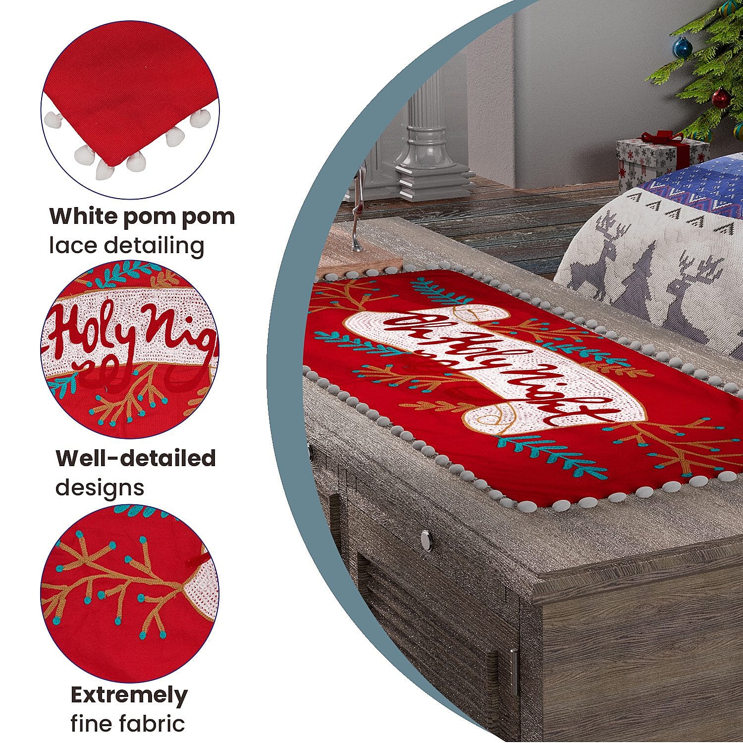 Red Check Embroidered Cotton Table Runner (Size 91x35 Cm) - Red