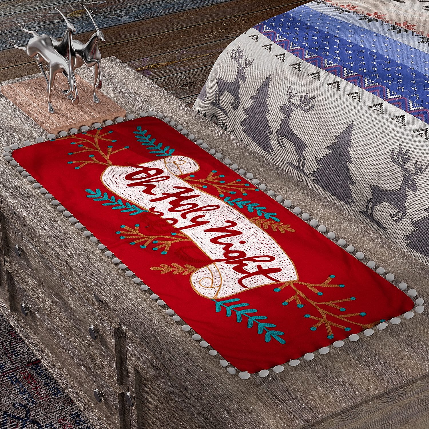 Red Check Embroidered Cotton Table Runner (Size 91x35 Cm) - Red