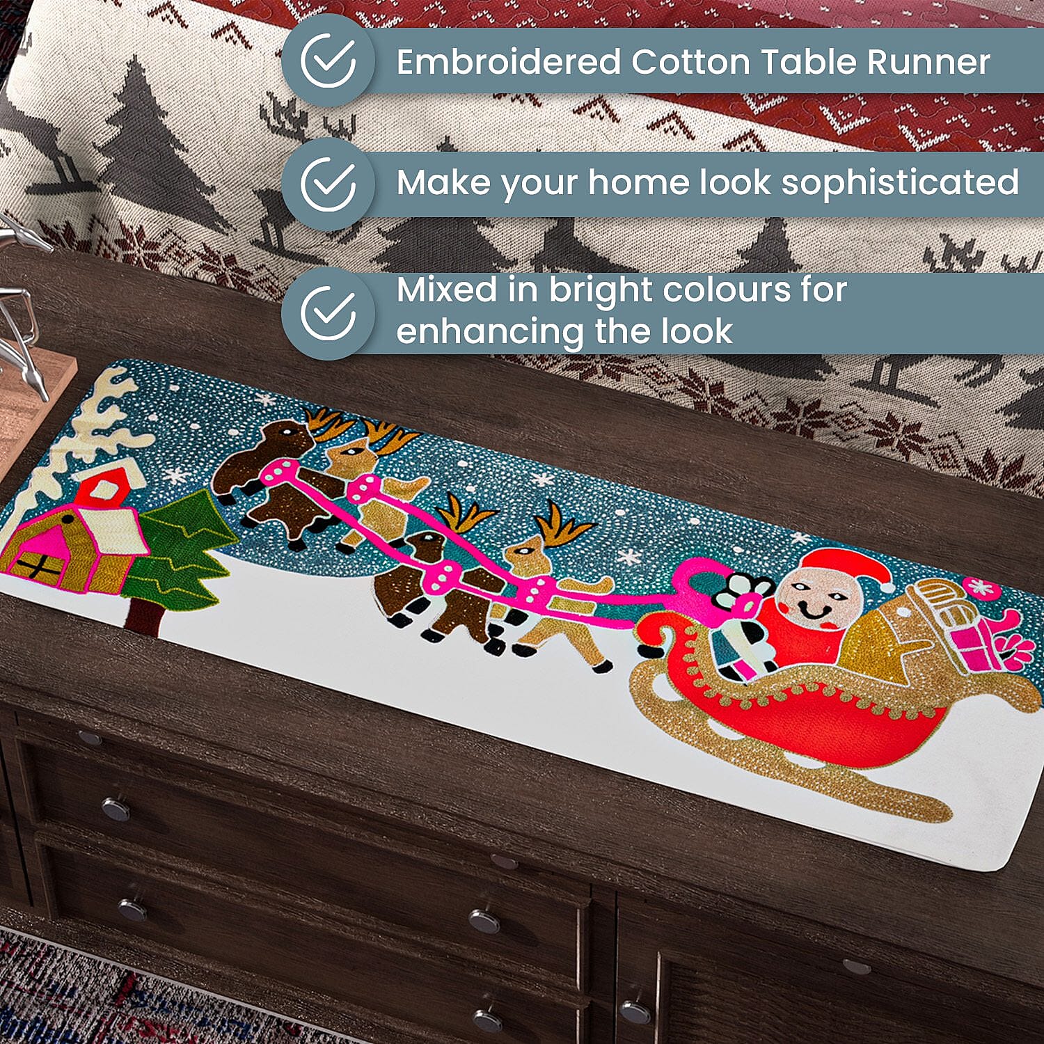 Santa on Sledge Embroidered Cotton Table Runner (Size 91x35 Cm) - Multi