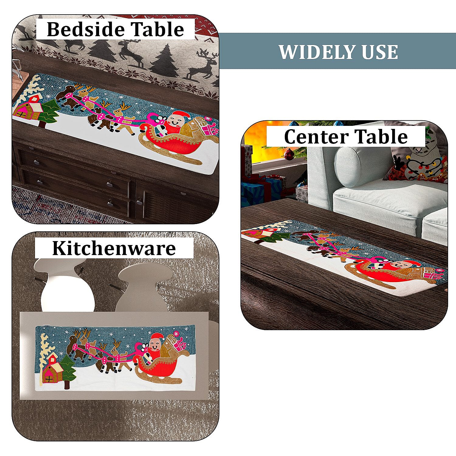 Santa on Sledge Embroidered Cotton Table Runner (Size 91x35 Cm) - Multi