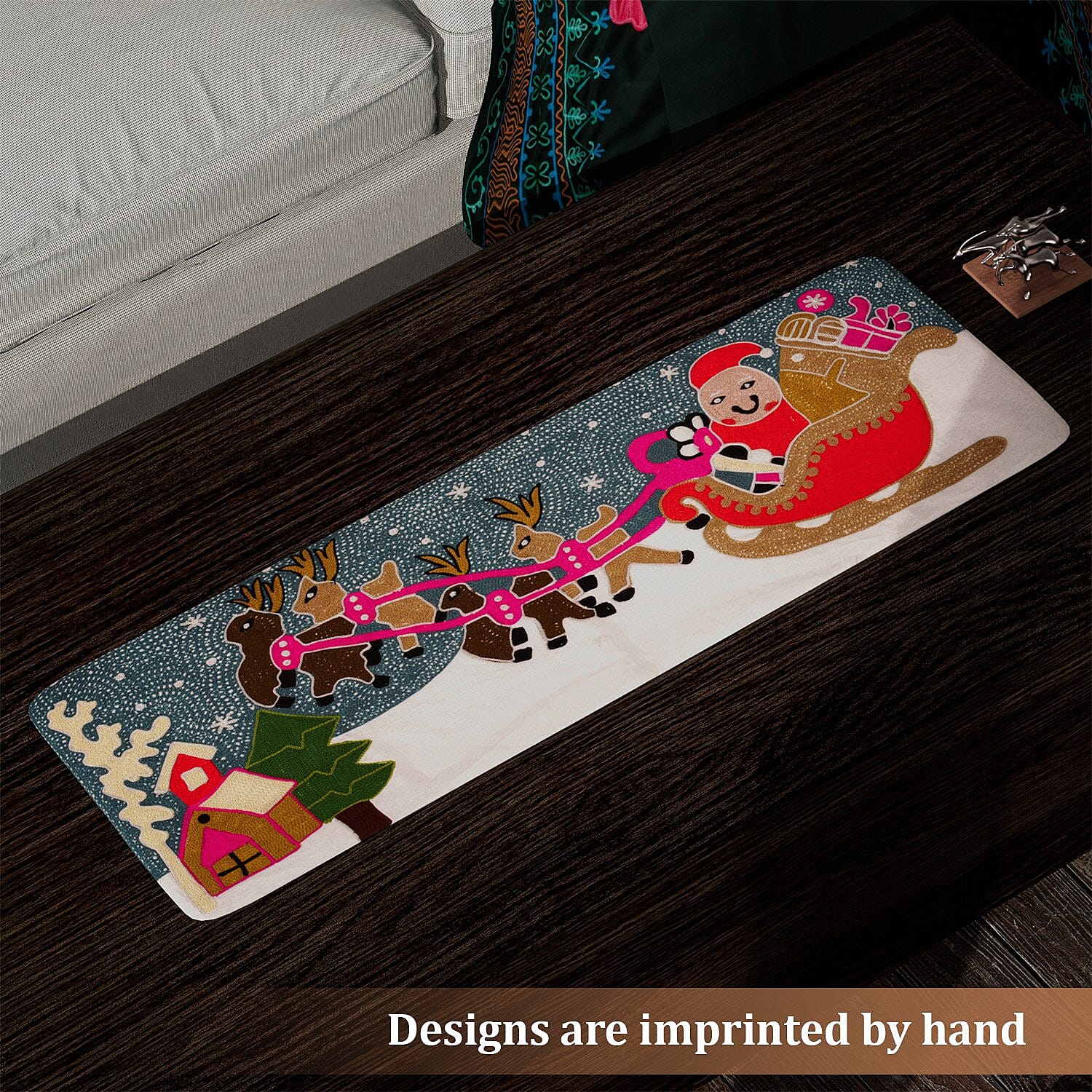 Santa on Sledge Embroidered Cotton Table Runner (Size 91x35 Cm) - Multi