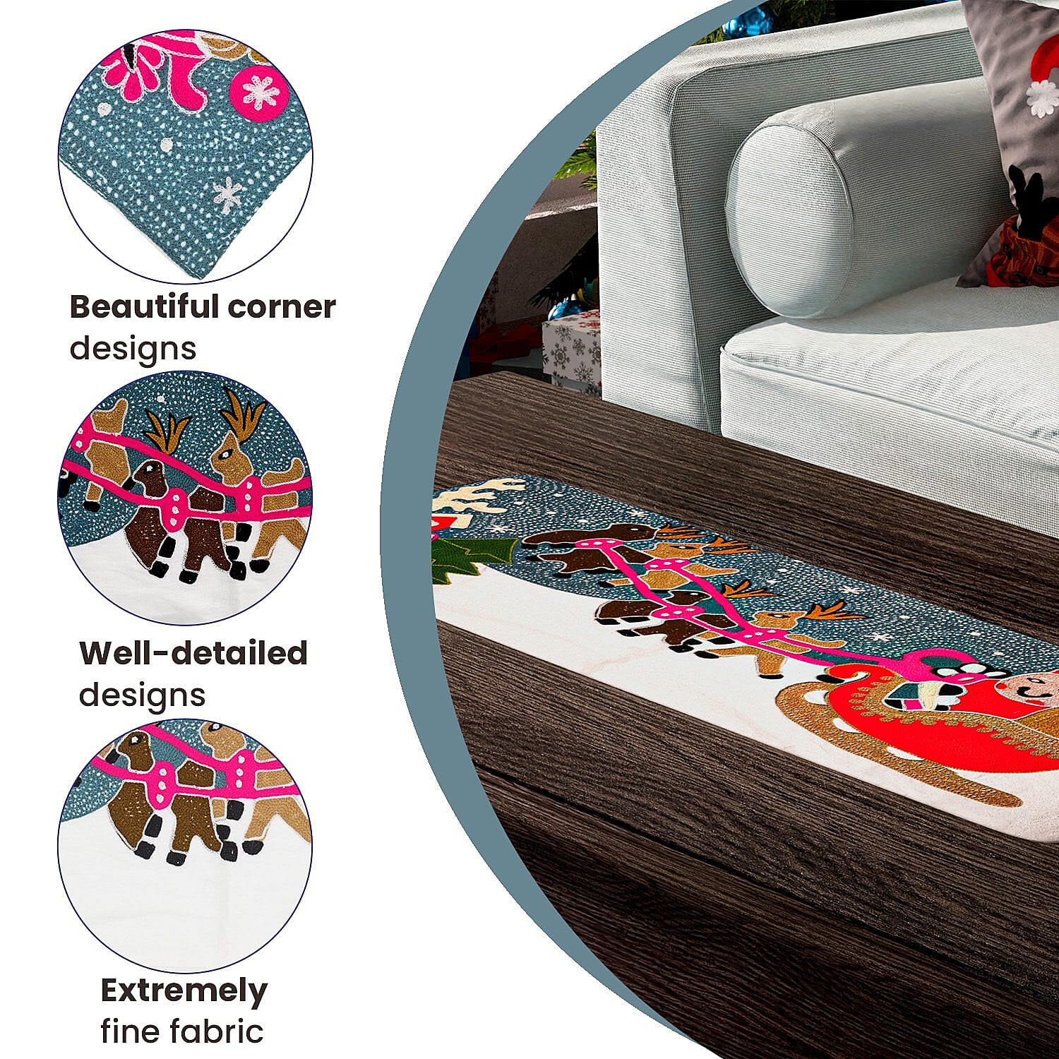 Santa on Sledge Embroidered Cotton Table Runner (Size 91x35 Cm) - Multi