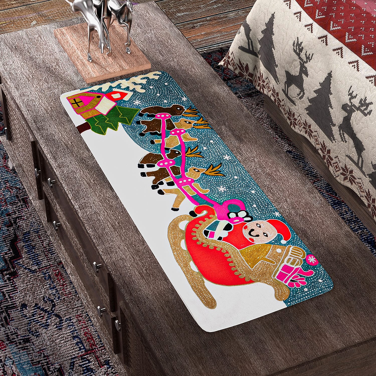 Santa on Sledge Embroidered Cotton Table Runner (Size 91x35 Cm) - Multi