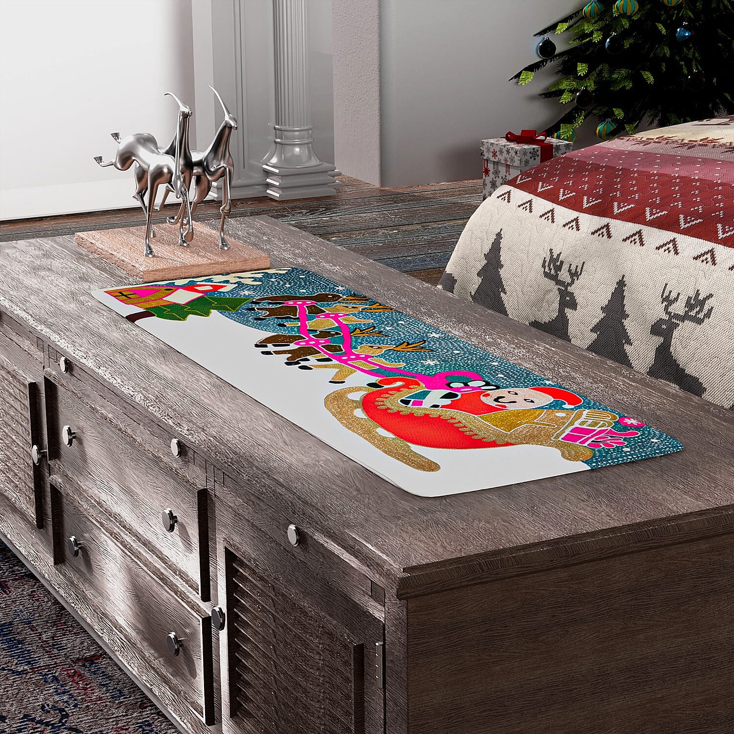Santa on Sledge Embroidered Cotton Table Runner (Size 91x35 Cm) - Multi