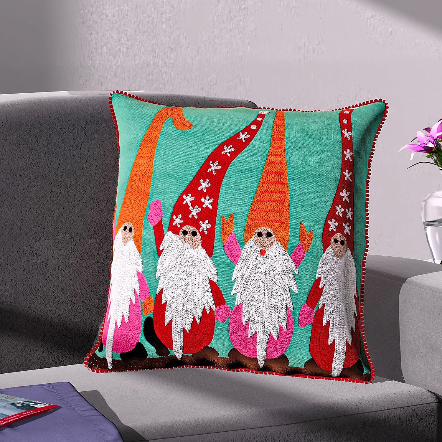 Cotton Christmas Dwarfs Embroidered Cushion Cover - Turquoise