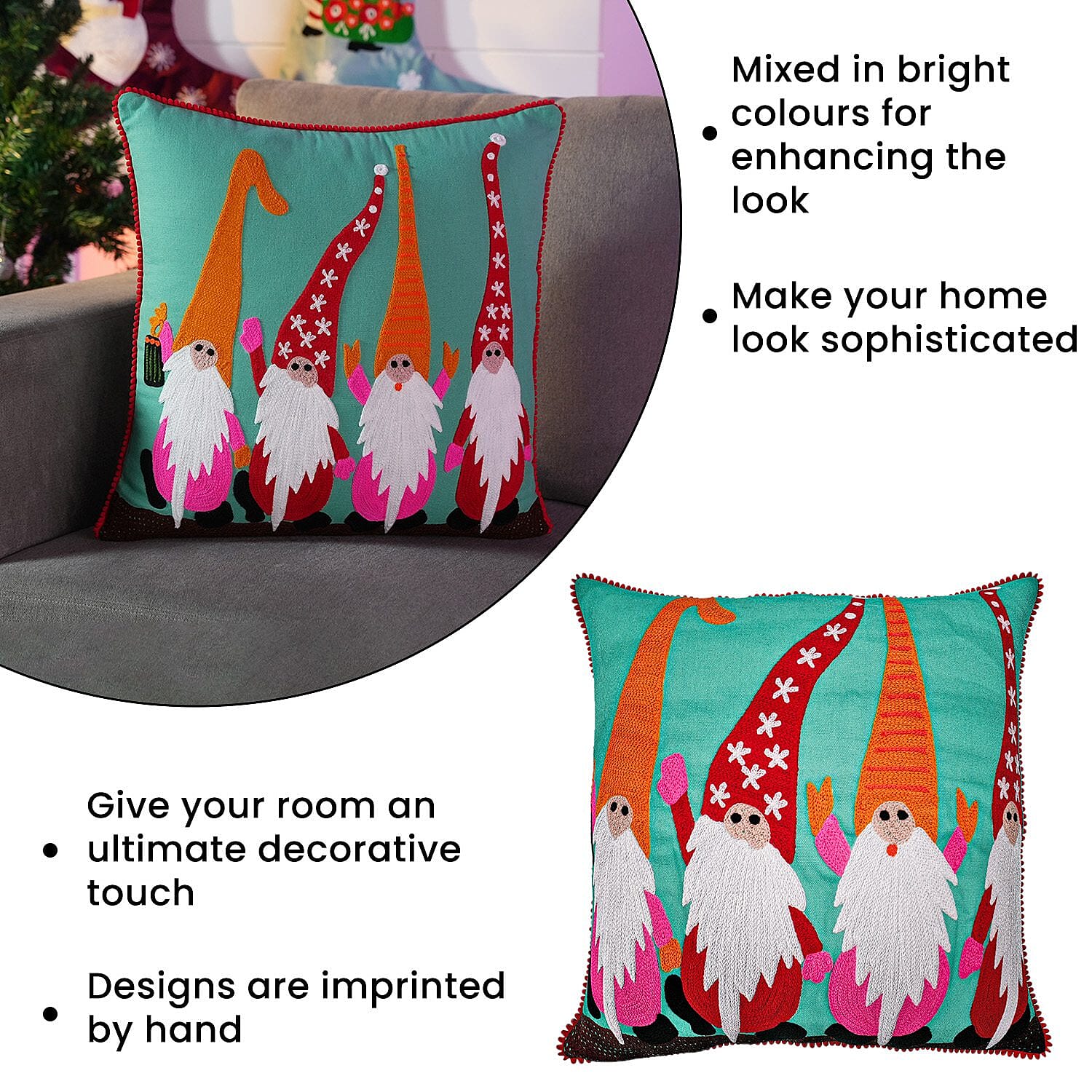Cotton Christmas Dwarfs Embroidered Cushion Cover - Turquoise