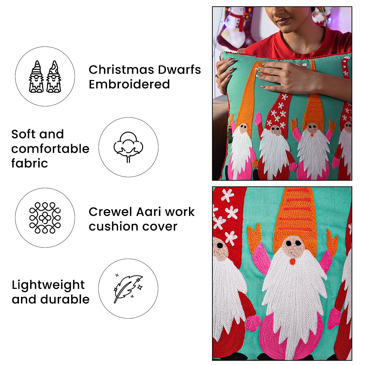 Cotton Christmas Dwarfs Embroidered Cushion Cover - Turquoise