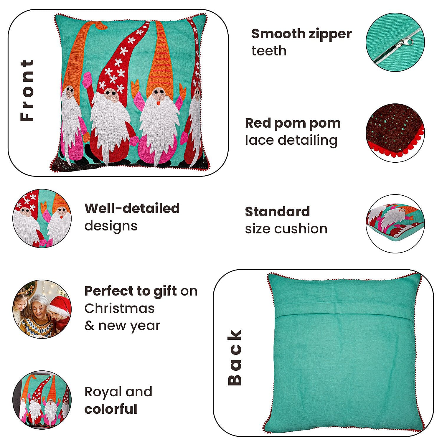 Cotton Christmas Dwarfs Embroidered Cushion Cover - Turquoise
