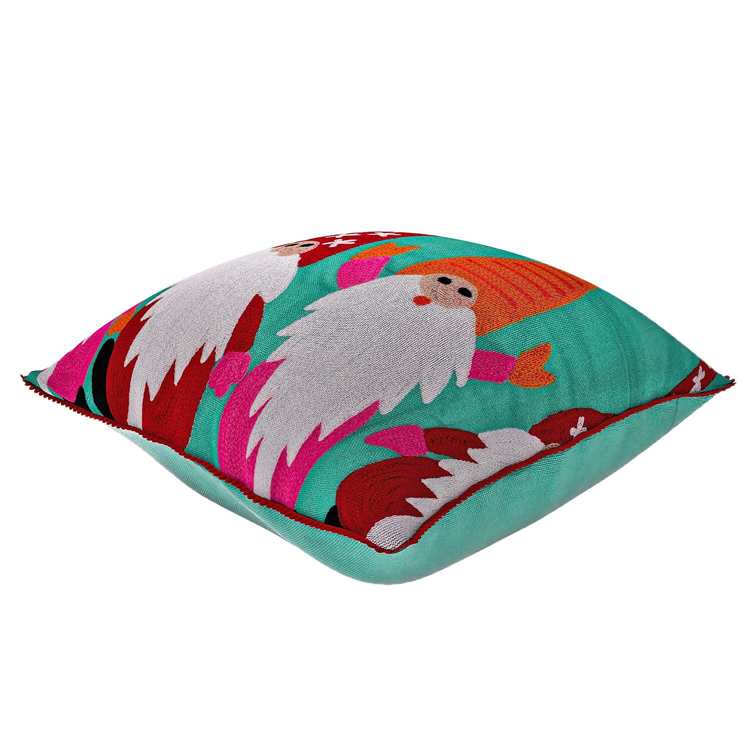 Cotton Christmas Dwarfs Embroidered Cushion Cover - Turquoise
