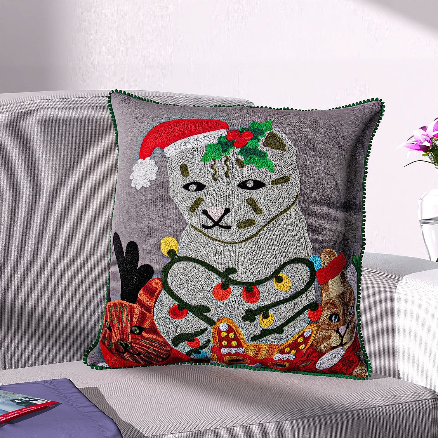 Cotton Christmas Cats Embroidered Cushion Cover (Size 45 Cm) - Dark Grey