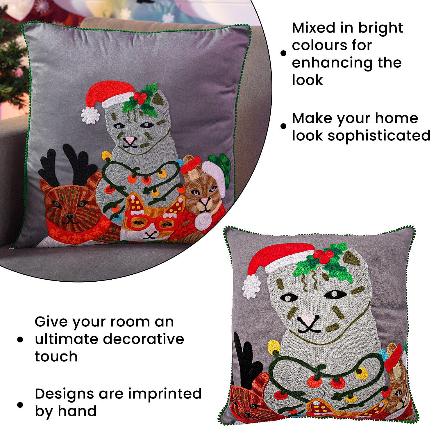 Cotton Christmas Cats Embroidered Cushion Cover (Size 45 Cm) - Dark Grey