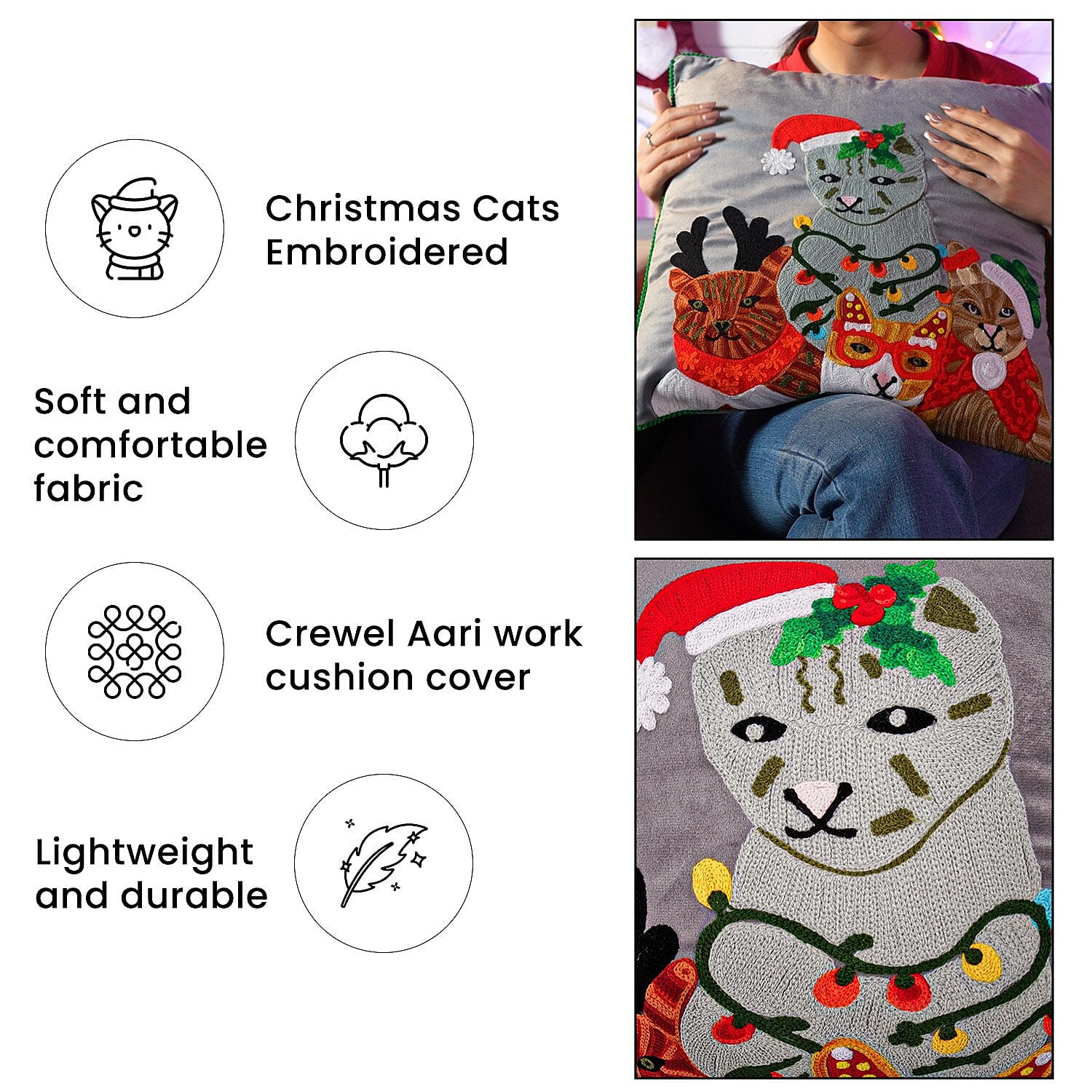 Cotton Christmas Cats Embroidered Cushion Cover (Size 45 Cm) - Dark Grey