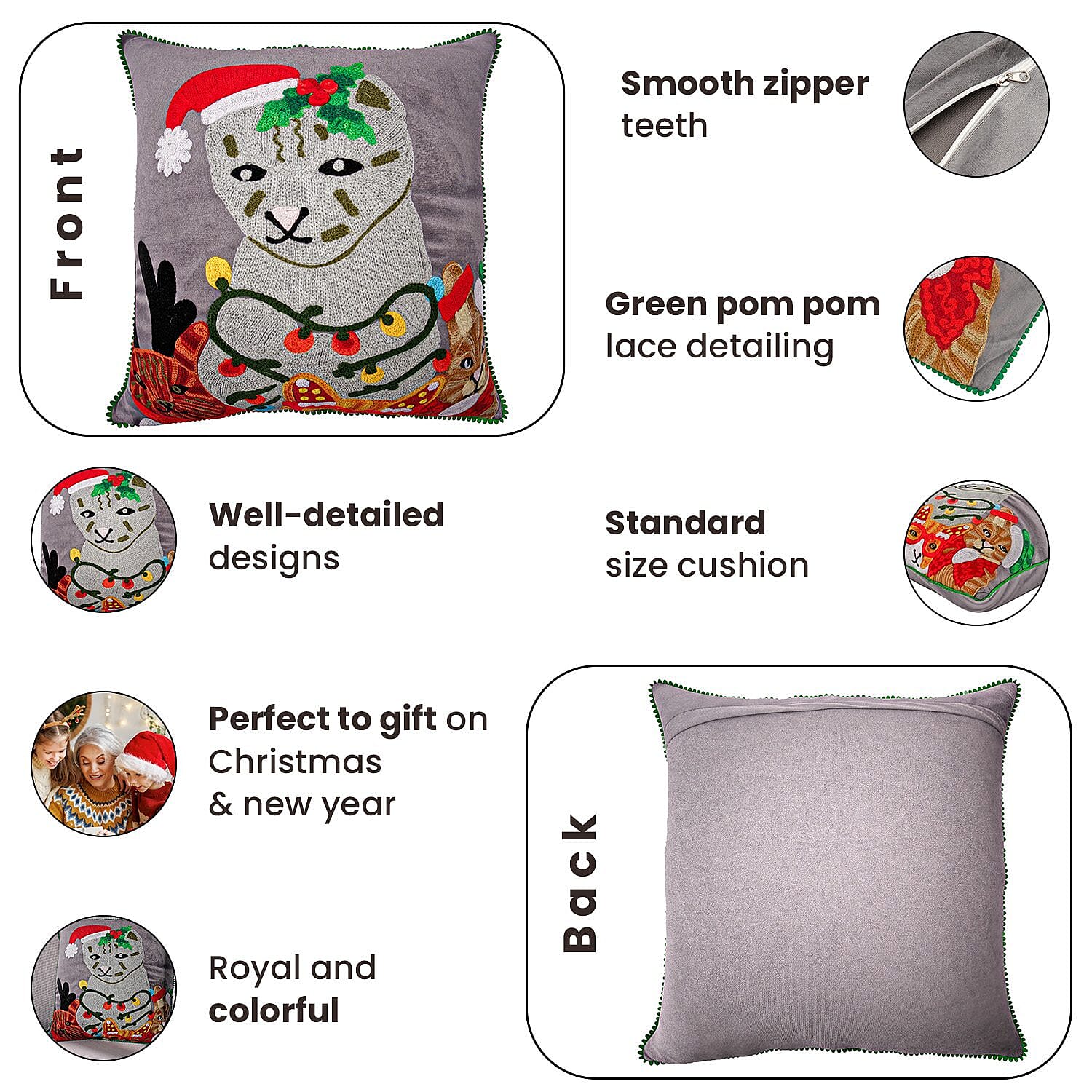 Cotton Christmas Cats Embroidered Cushion Cover (Size 45 Cm) - Dark Grey