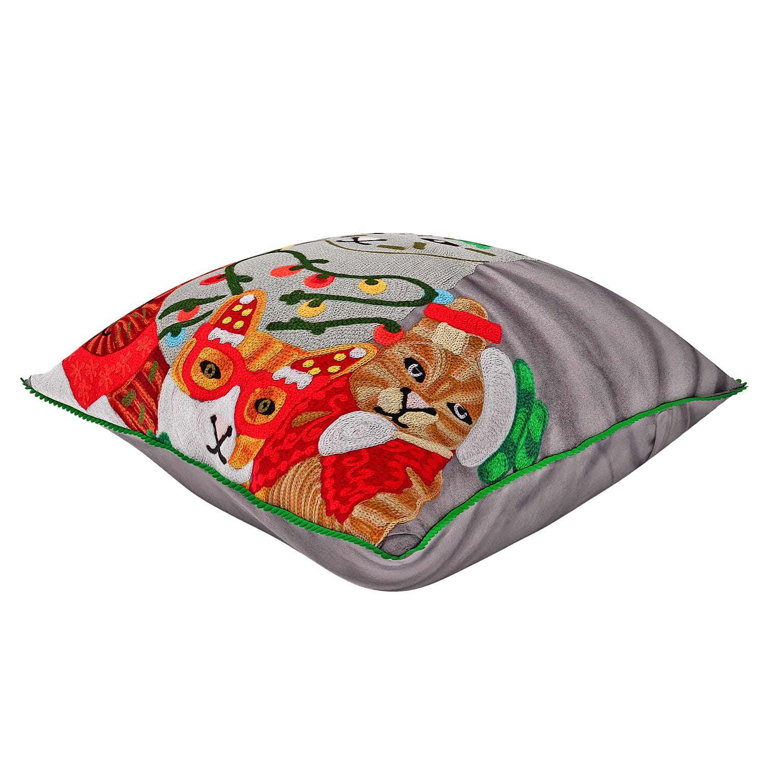 Cotton Christmas Cats Embroidered Cushion Cover (Size 45 Cm) - Dark Grey