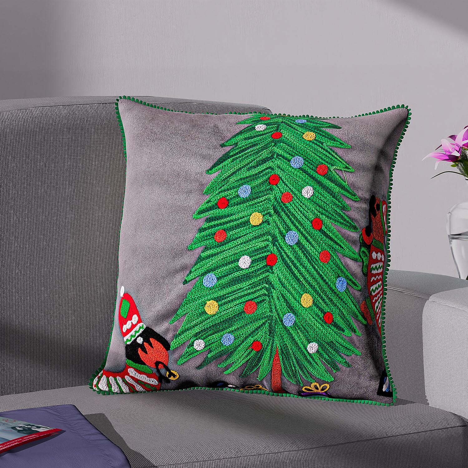 Cotton Christmas Tree-Dogs Embroidered Cushion Cover (Size 45 Cm) - Dark Grey