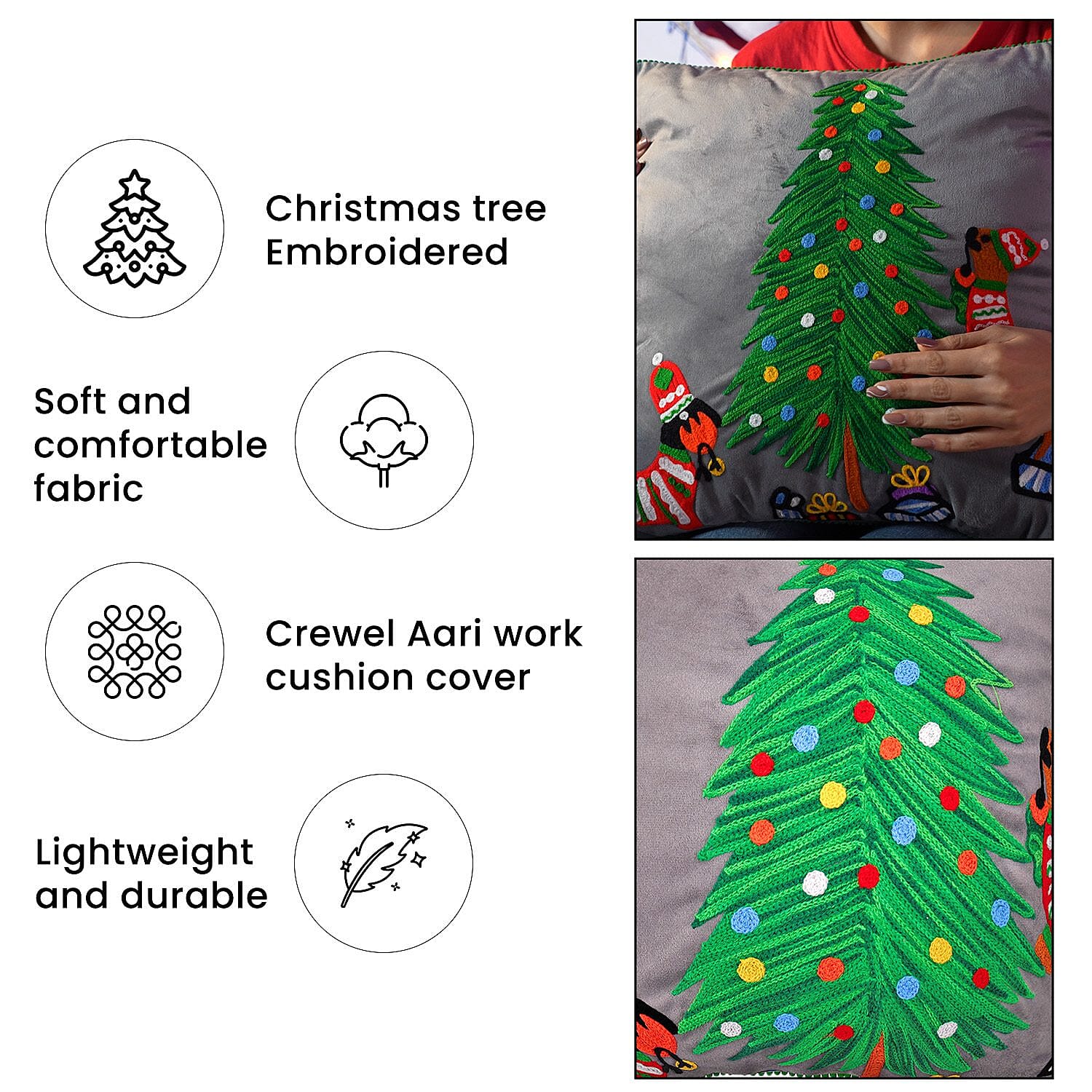 Cotton Christmas Tree-Dogs Embroidered Cushion Cover (Size 45 Cm) - Dark Grey