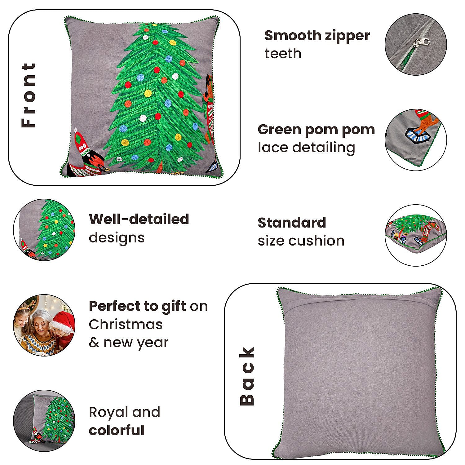 Cotton Christmas Tree-Dogs Embroidered Cushion Cover (Size 45 Cm) - Dark Grey