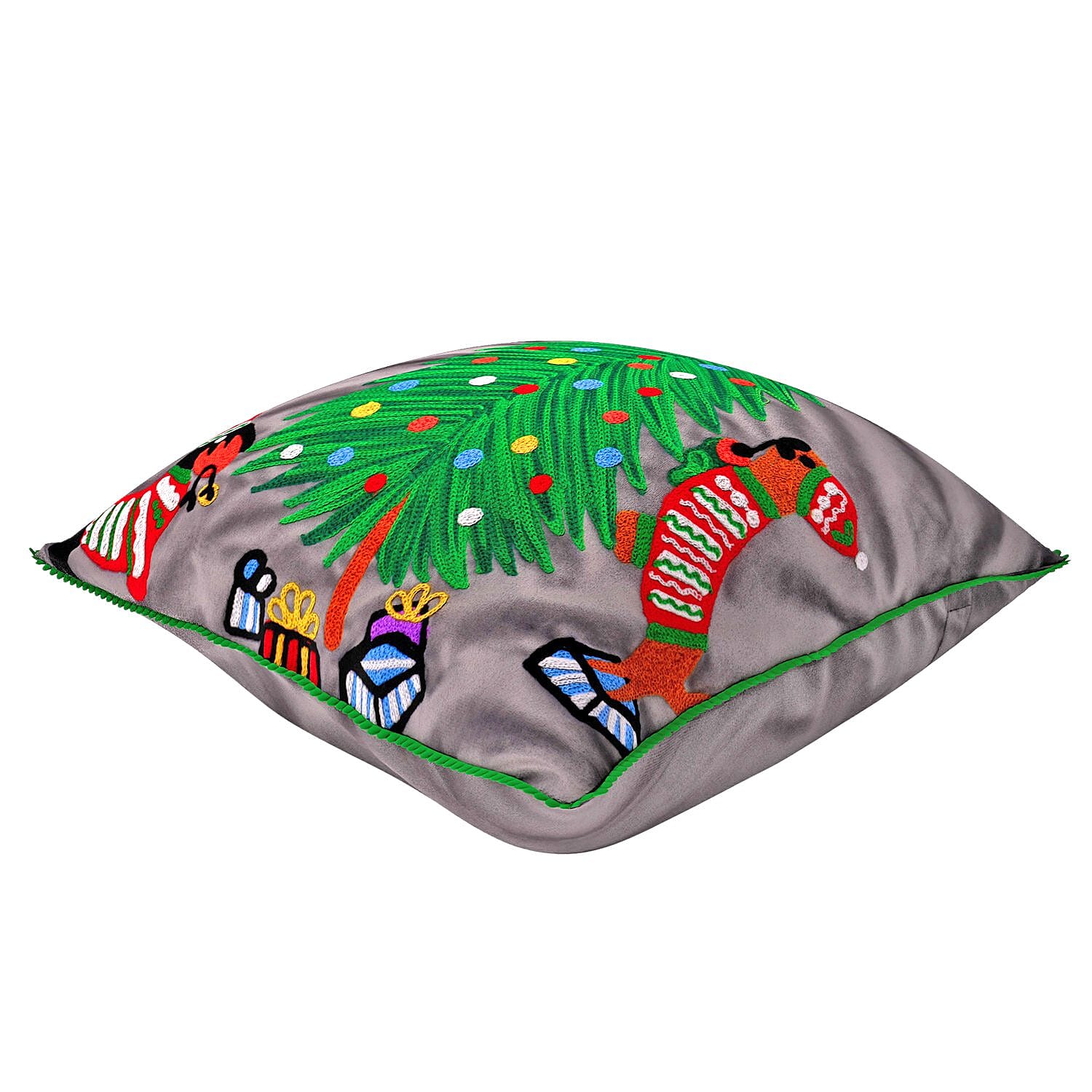 Cotton Christmas Tree-Dogs Embroidered Cushion Cover (Size 45 Cm) - Dark Grey