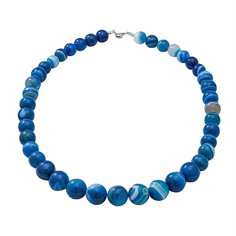 Blue Agate Beads Necklace (Size - 20) with Lobster Clasp in Rhodium Overlay Sterling Silver 350.00 Ct.