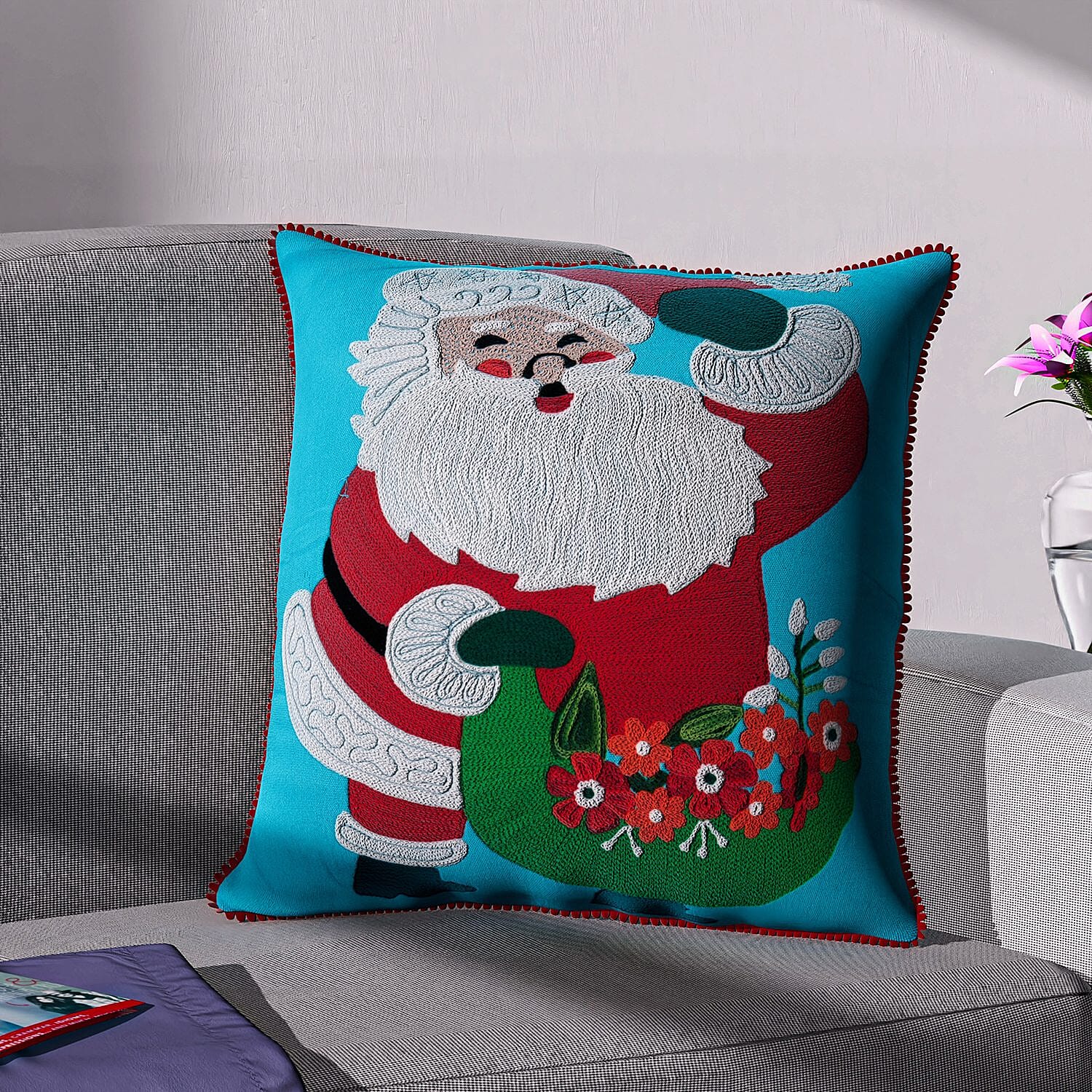 Cotton Christmas Santa with Gifts Embroidered Cushion Cover (Size 45 Cm) - Turquoise