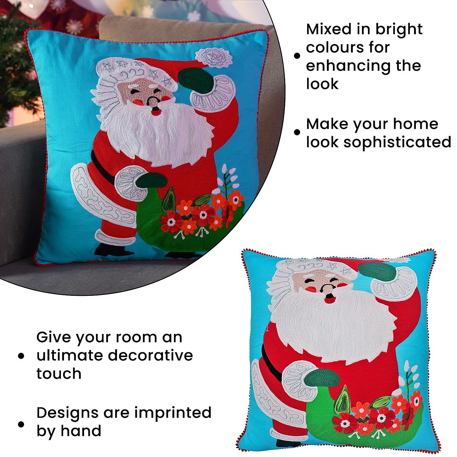 Cotton Christmas Santa with Gifts Embroidered Cushion Cover (Size 45 Cm) - Turquoise