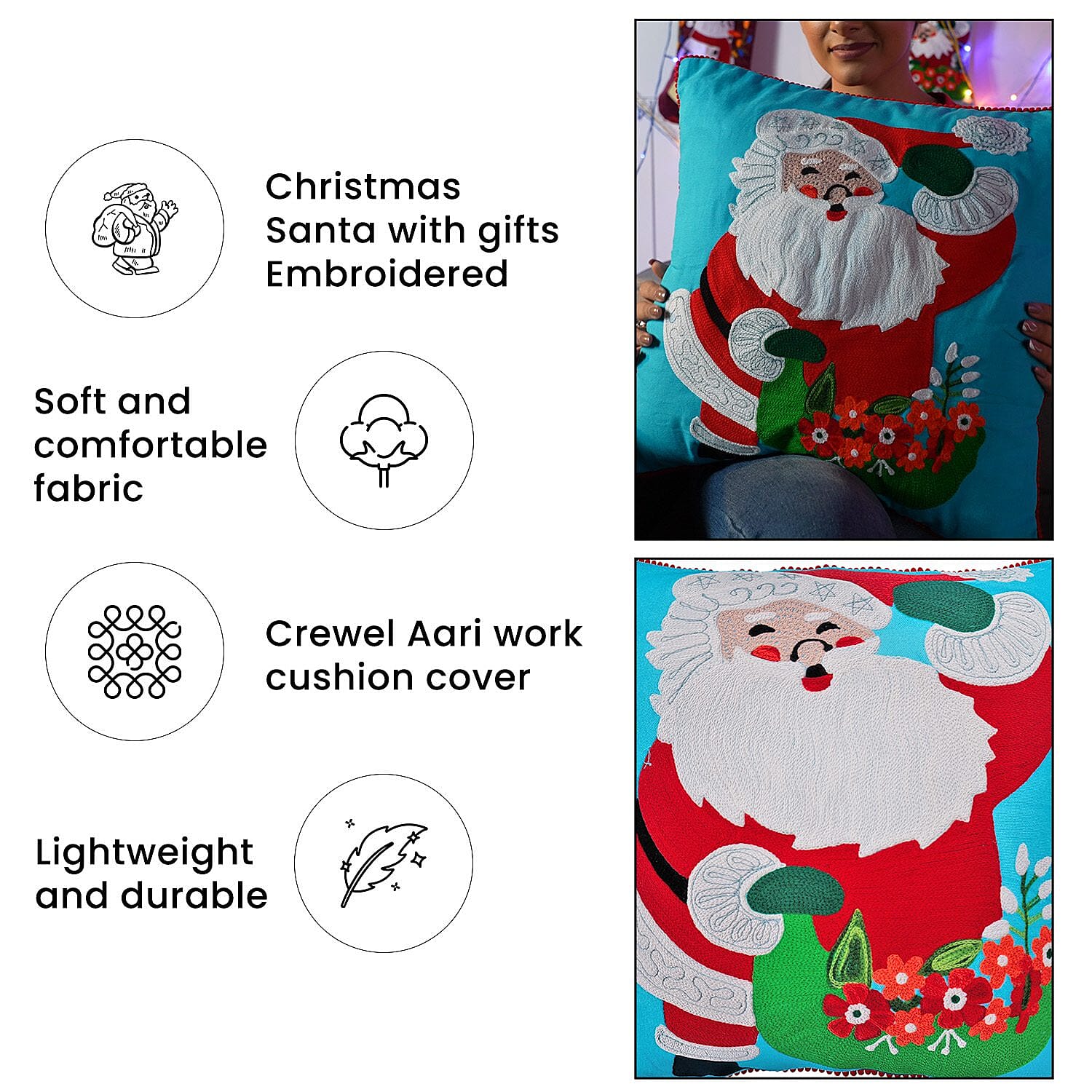 Cotton Christmas Santa with Gifts Embroidered Cushion Cover (Size 45 Cm) - Turquoise