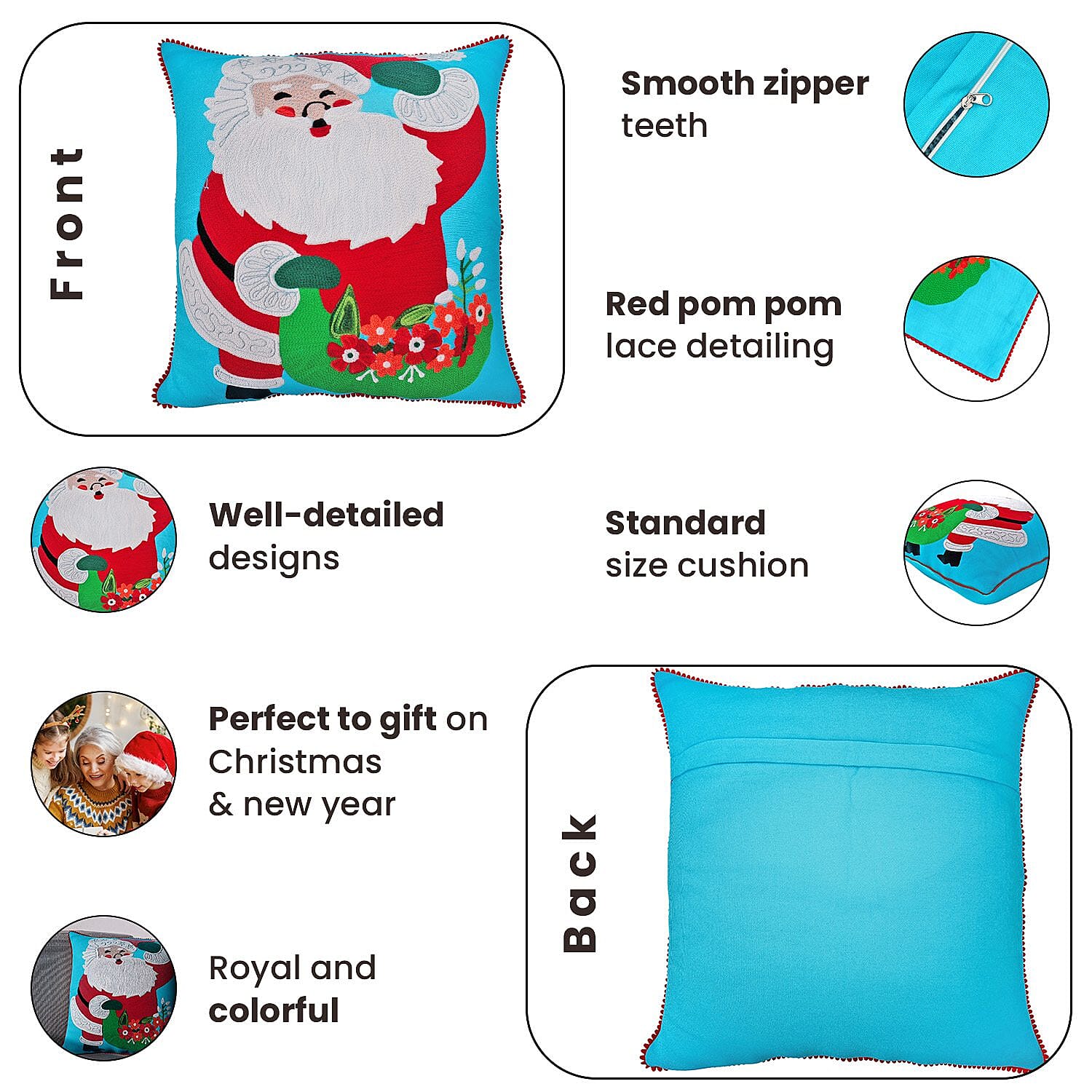 Cotton Christmas Santa with Gifts Embroidered Cushion Cover (Size 45 Cm) - Turquoise